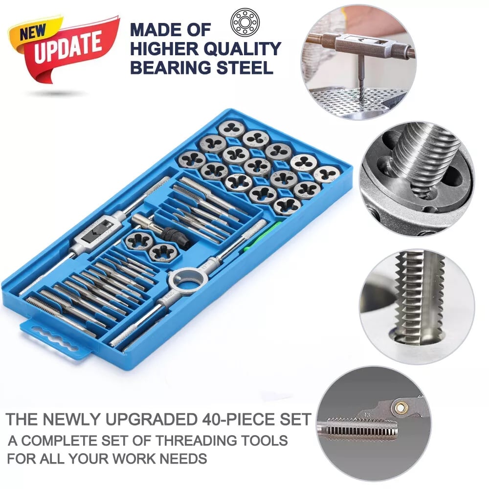 Set 40 de piese tarozi și filiere din oțel aliaj onuvio®, pentru tăierea și formarea filetelor, inclusiv Șubler pentru verificarea filetelor metric - ideal pentru mecanica și proiecte diy