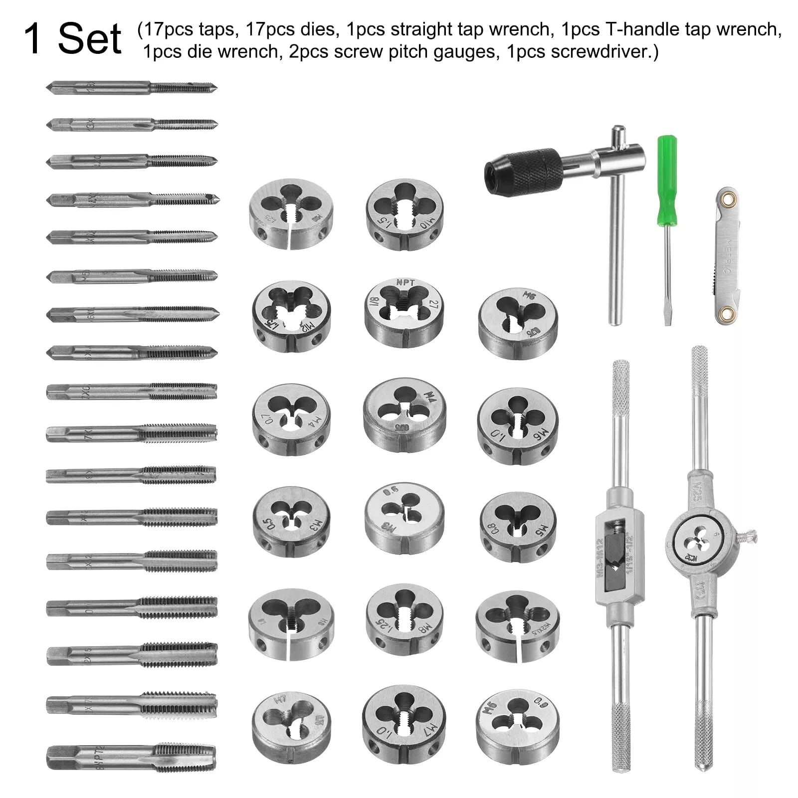 Set 40 de piese tarozi și filiere din oțel aliaj onuvio®, pentru tăierea și formarea filetelor, inclusiv Șubler pentru verificarea filetelor metric - ideal pentru mecanica și proiecte diy