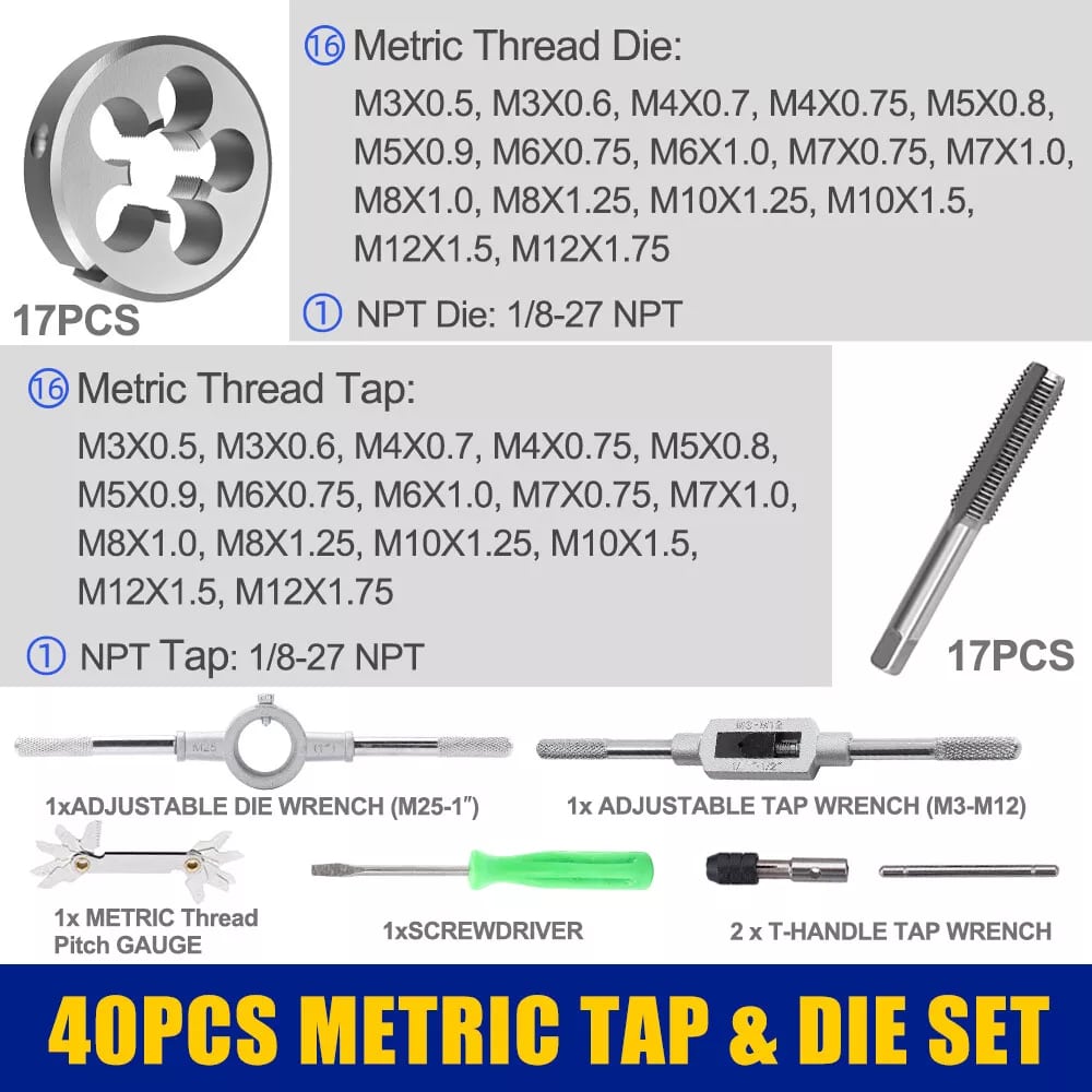 Set 40 de piese tarozi și filiere din oțel aliaj onuvio®, pentru tăierea și formarea filetelor, inclusiv Șubler pentru verificarea filetelor metric - ideal pentru mecanica și proiecte diy