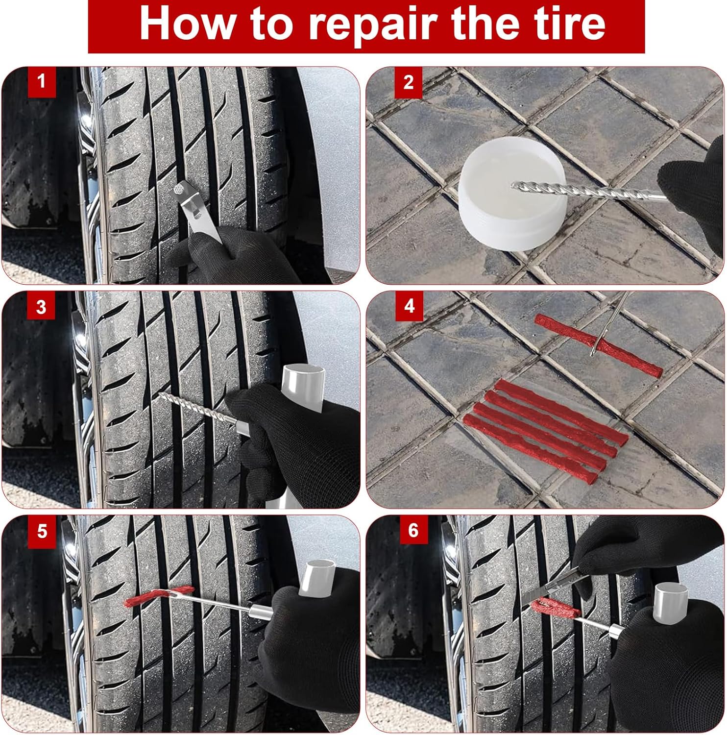 Kit vulcanizare pentru reparatie pana anvelope, onuvio®, 62 piese, snur cauciuc reparare pana anvelope tubeless, maner metalic si cutie depozitare si tansport, ventile, portabil