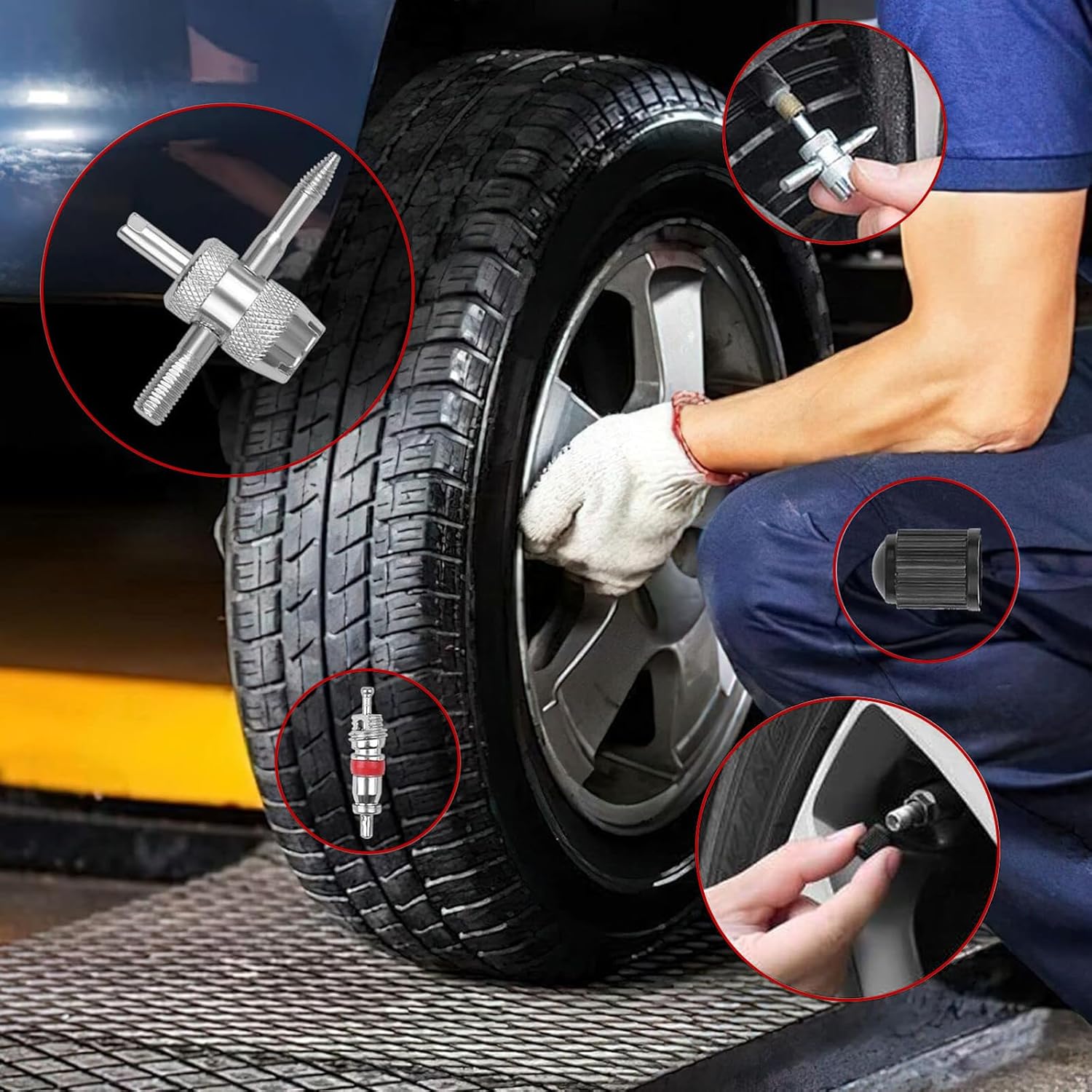 Kit vulcanizare pentru reparatie pana anvelope, onuvio®, 62 piese, snur cauciuc reparare pana anvelope tubeless, maner metalic si cutie depozitare si tansport, ventile, portabil