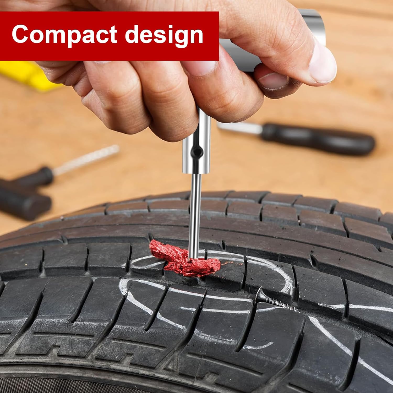 Kit vulcanizare pentru reparatie pana anvelope, onuvio®, 62 piese, snur cauciuc reparare pana anvelope tubeless, maner metalic si cutie depozitare si tansport, ventile, portabil