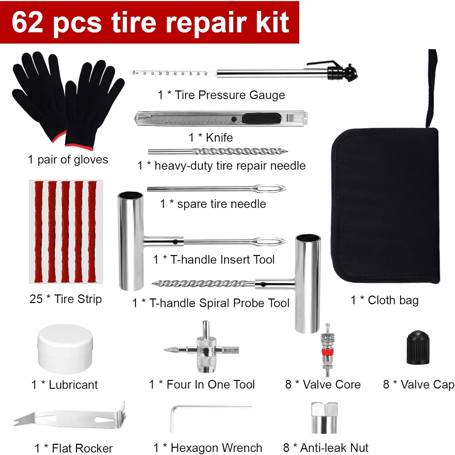 Kit vulcanizare pentru reparatie pana anvelope, onuvio®, 62 piese, snur cauciuc reparare pana anvelope tubeless, maner metalic si cutie depozitare si tansport, ventile, portabil