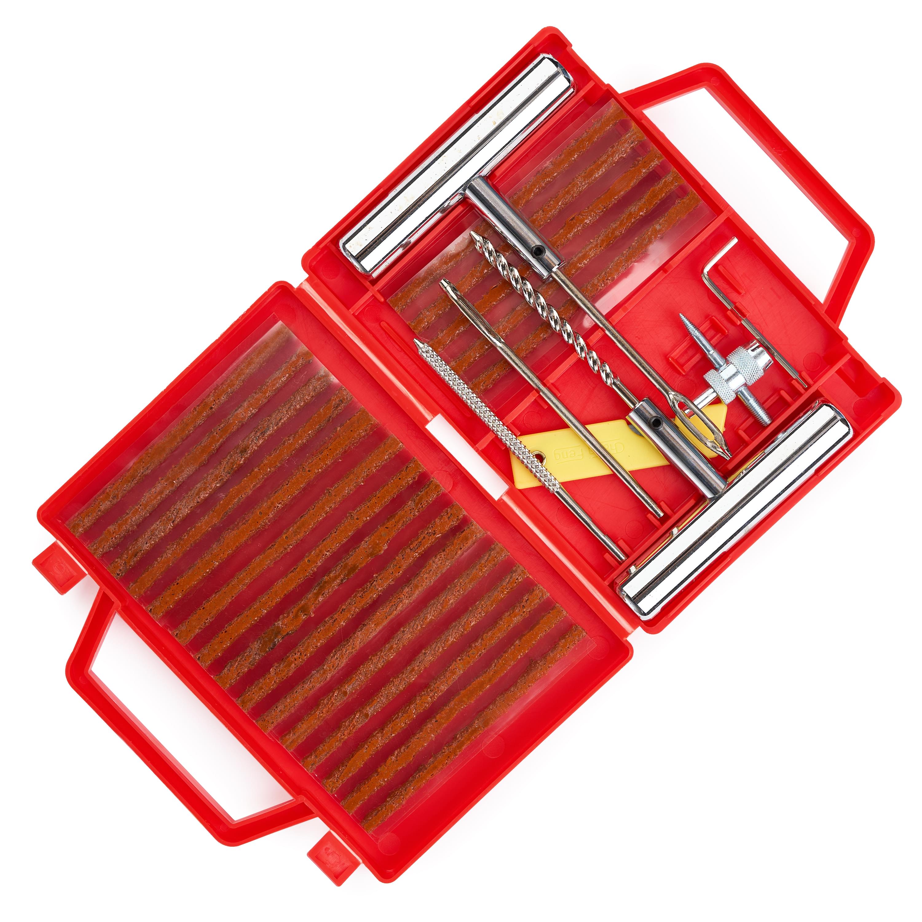 Kit vulcanizare pentru reparatie pana anvelope, onuvio®, 28 piese, snur cauciuc reparare pana anvelope tubeless, maner metalic si cutie depozitare si tansport, portabil