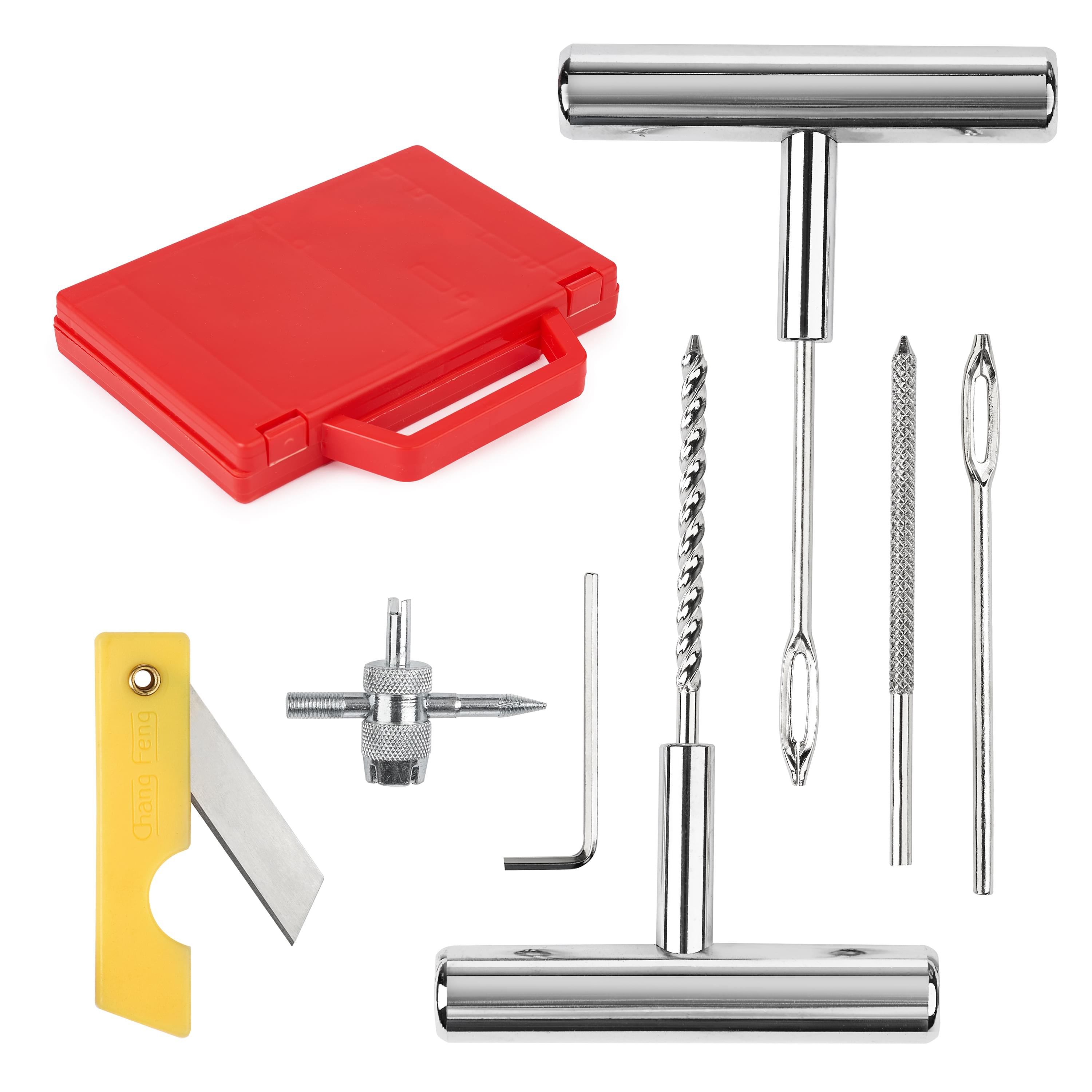 Kit vulcanizare pentru reparatie pana anvelope, onuvio®, 28 piese, snur cauciuc reparare pana anvelope tubeless, maner metalic si cutie depozitare si tansport, portabil