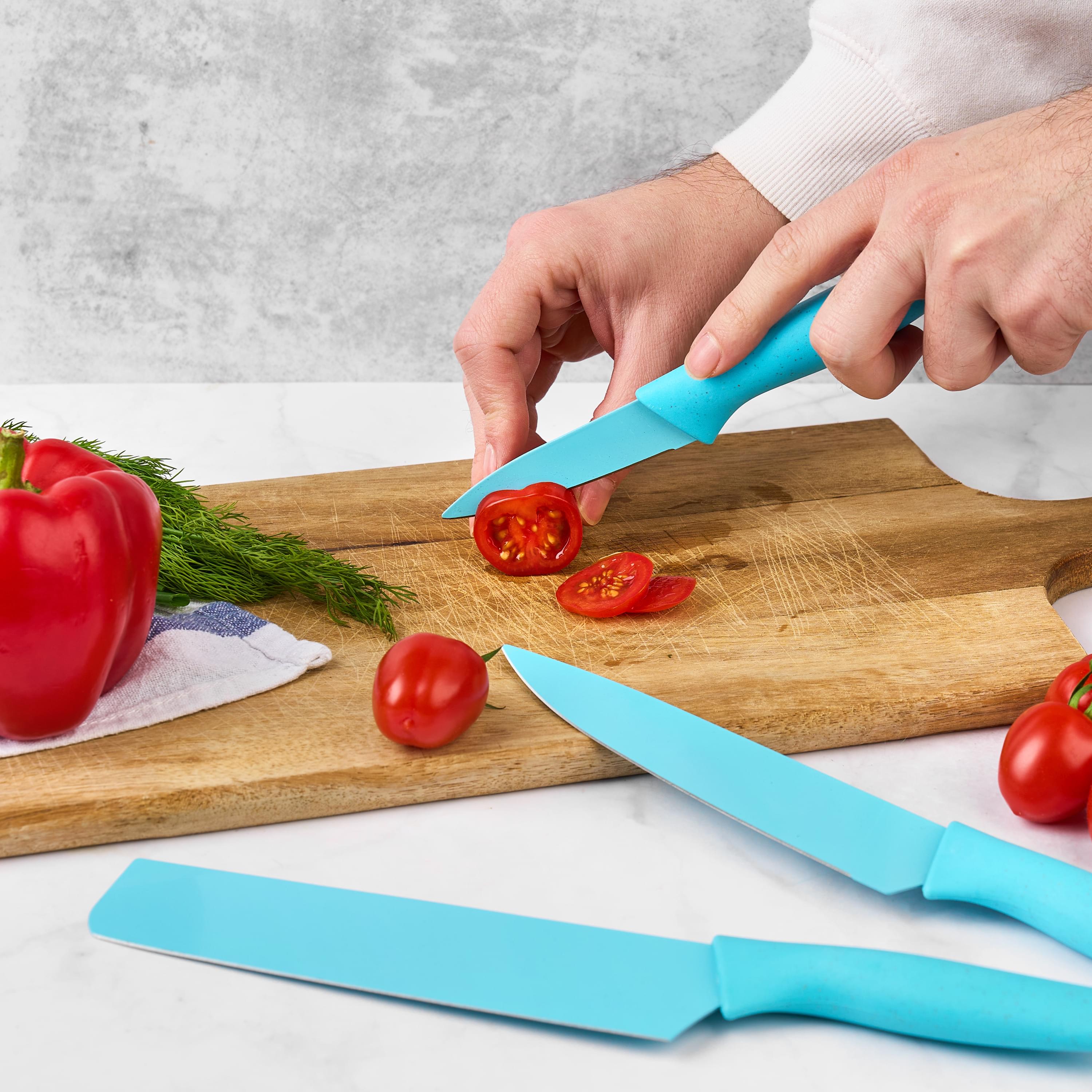 Set cutite onuvio, 6 piese - cuțit de chef, cuțit de pâine, satăr, ustensilă pentru decojit, foarfecă alimentară, cutit pentru fructe și legume, aliaj 3cr13 anticoroziv, colorate și cu strat protector antiaderent - albastru