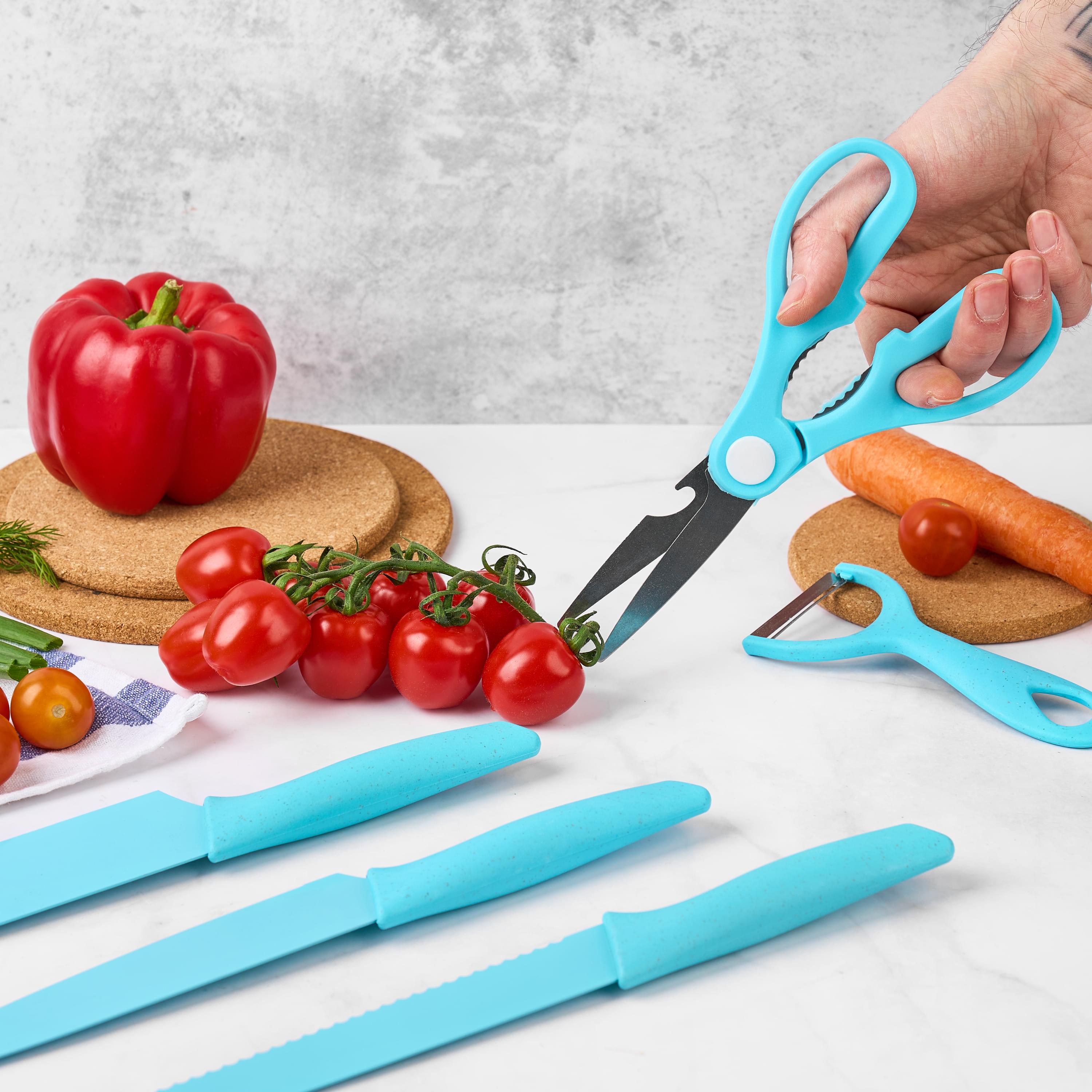 Set cutite onuvio, 6 piese - cuțit de chef, cuțit de pâine, satăr, ustensilă pentru decojit, foarfecă alimentară, cutit pentru fructe și legume, aliaj 3cr13 anticoroziv, colorate și cu strat protector antiaderent - albastru
