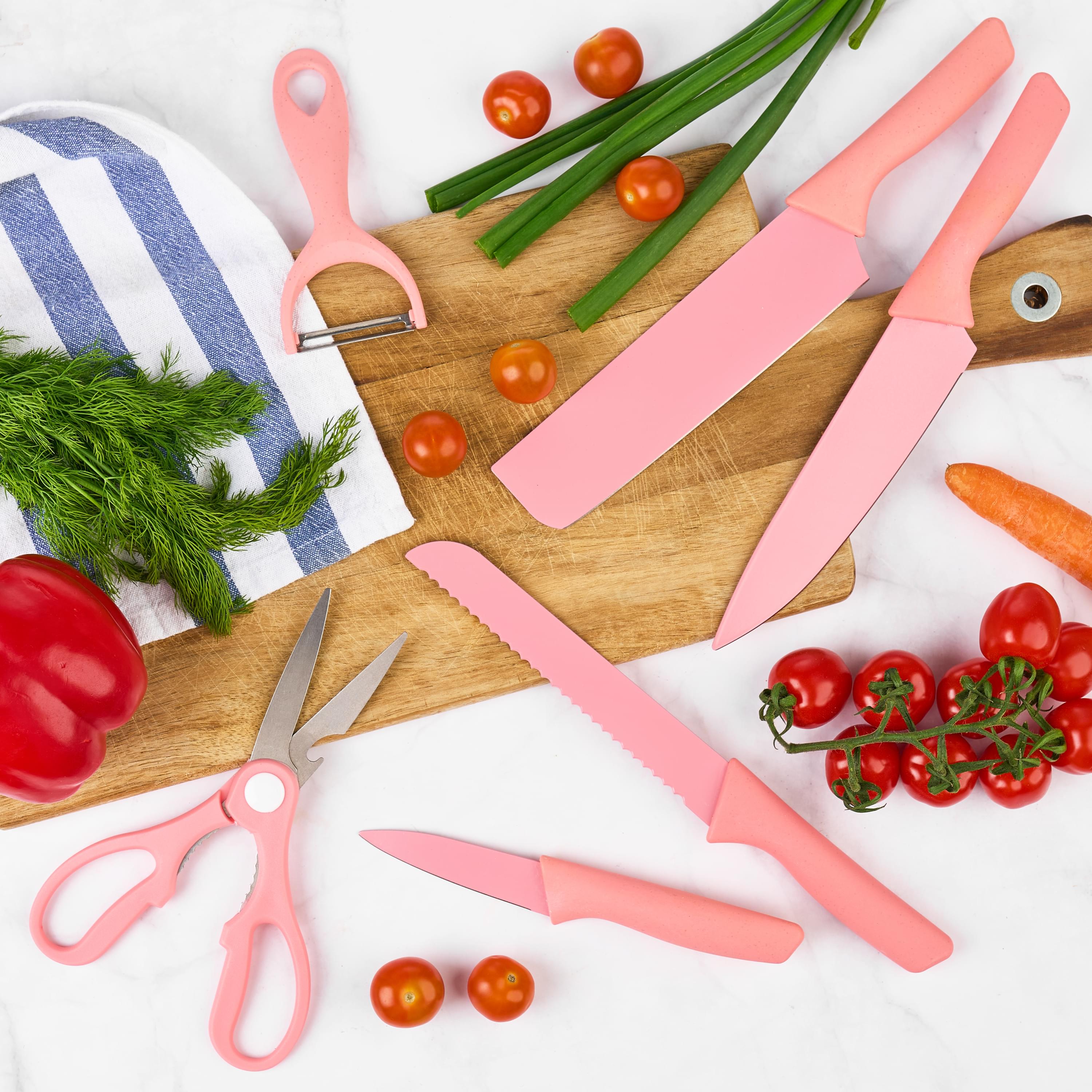 Set cutite onuvio, 6 piese - cuțit de chef, cuțit de pâine, satăr, ustensilă pentru decojit, foarfecă alimentară, cutit pentru fructe și legume, aliaj 3cr13 anticoroziv, colorate și cu strat protector antiaderent - roz