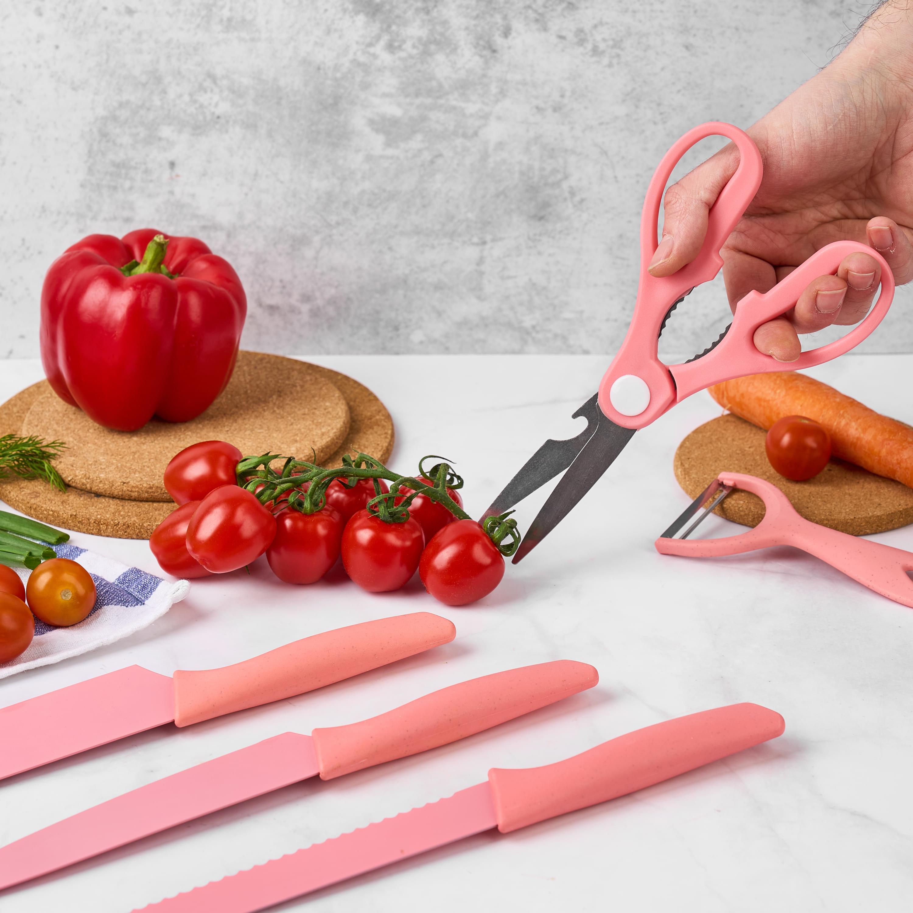 Set cutite onuvio, 6 piese - cuțit de chef, cuțit de pâine, satăr, ustensilă pentru decojit, foarfecă alimentară, cutit pentru fructe și legume, aliaj 3cr13 anticoroziv, colorate și cu strat protector antiaderent - roz