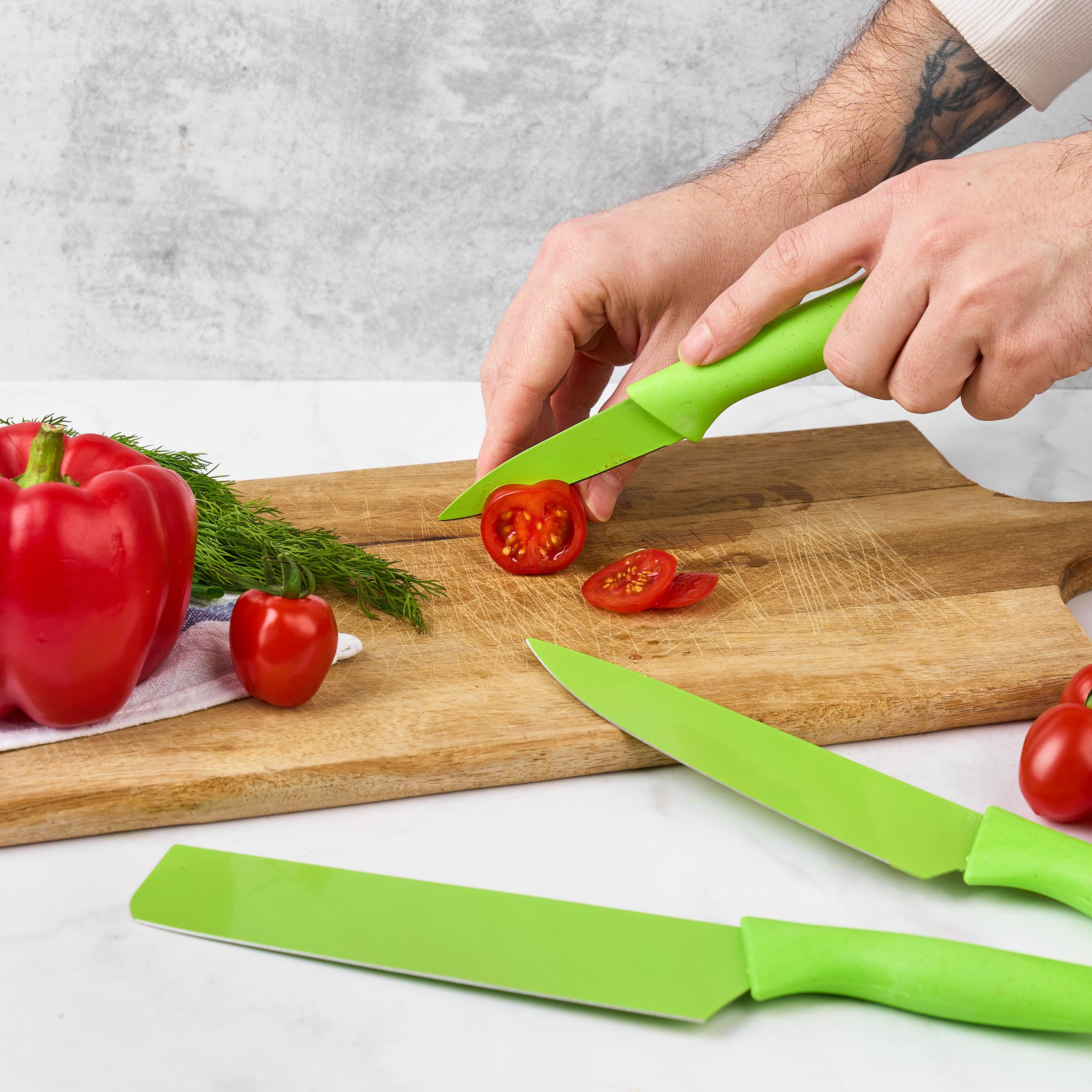 Set cutite onuvio, 6 piese - cuțit de chef, cuțit de pâine, satăr, ustensilă pentru decojit, foarfecă alimentară, cutit pentru fructe și legume, aliaj 3cr13 anticoroziv, colorate și cu strat protector antiaderent - verde