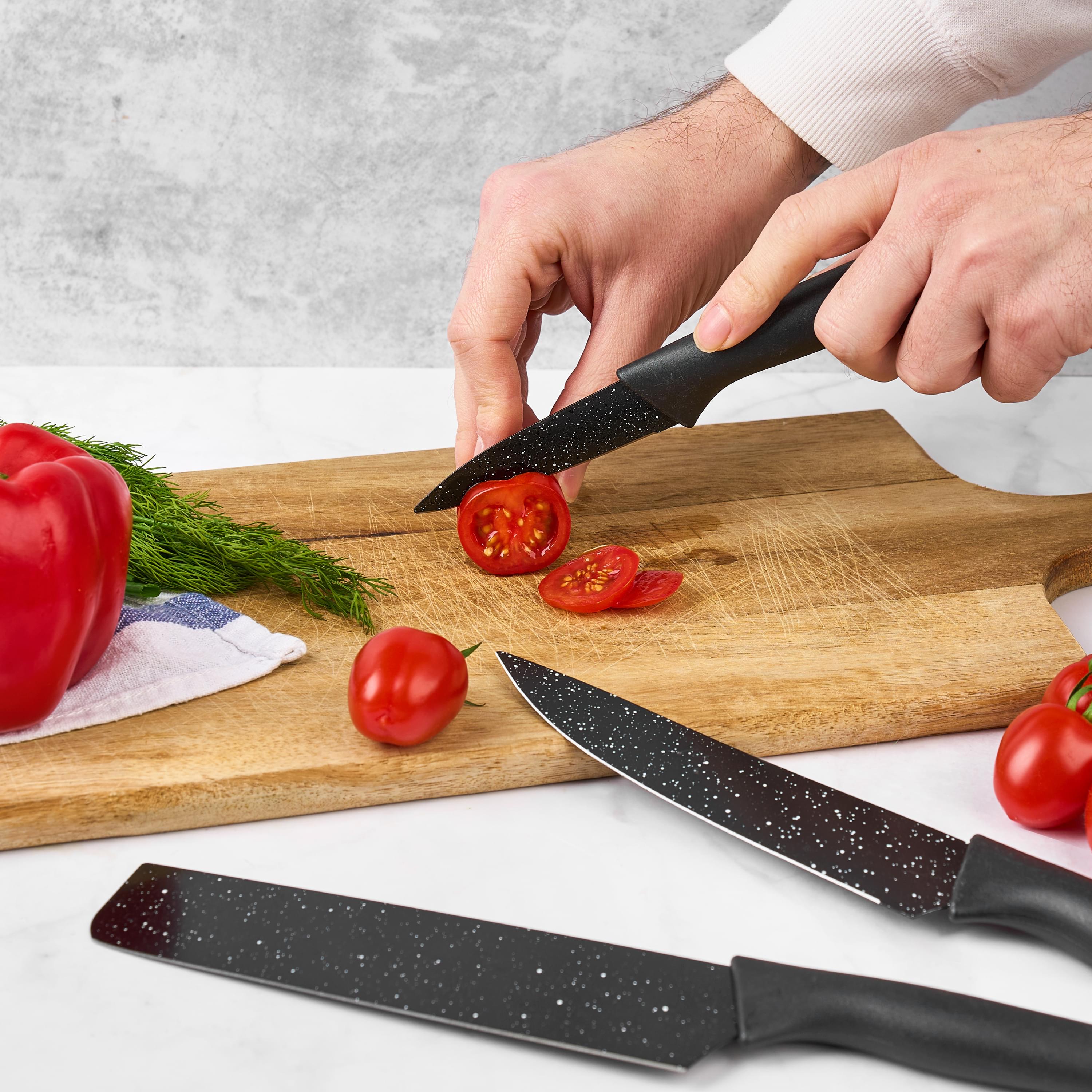 Set cutite onuvio, 6 piese - cuțit de chef, cuțit de pâine, satăr, ustensilă pentru decojit, foarfecă alimentară, cutit pentru fructe și legume, aliaj 3cr13 anticoroziv, colorate și cu strat protector antiaderent - negru