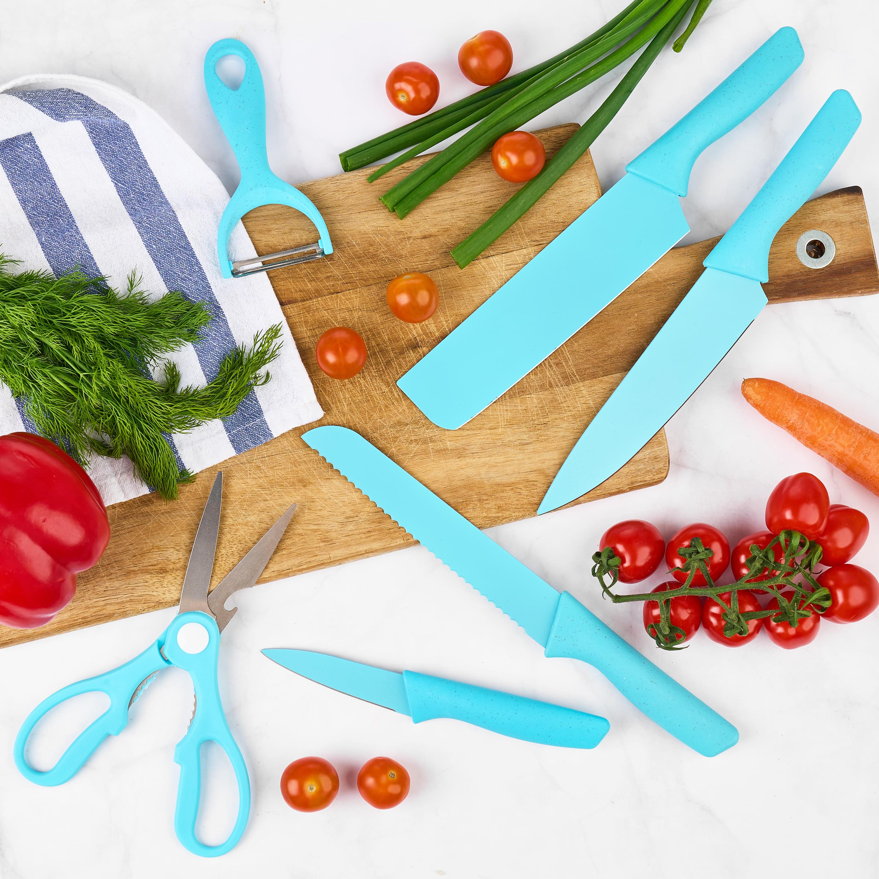 Set cutite onuvio, 6 piese - cuțit de chef, cuțit de pâine, satăr, ustensilă pentru decojit, foarfecă alimentară, cutit pentru fructe și legume, aliaj 3cr13 anticoroziv, colorate și cu strat protector antiaderent - albastru