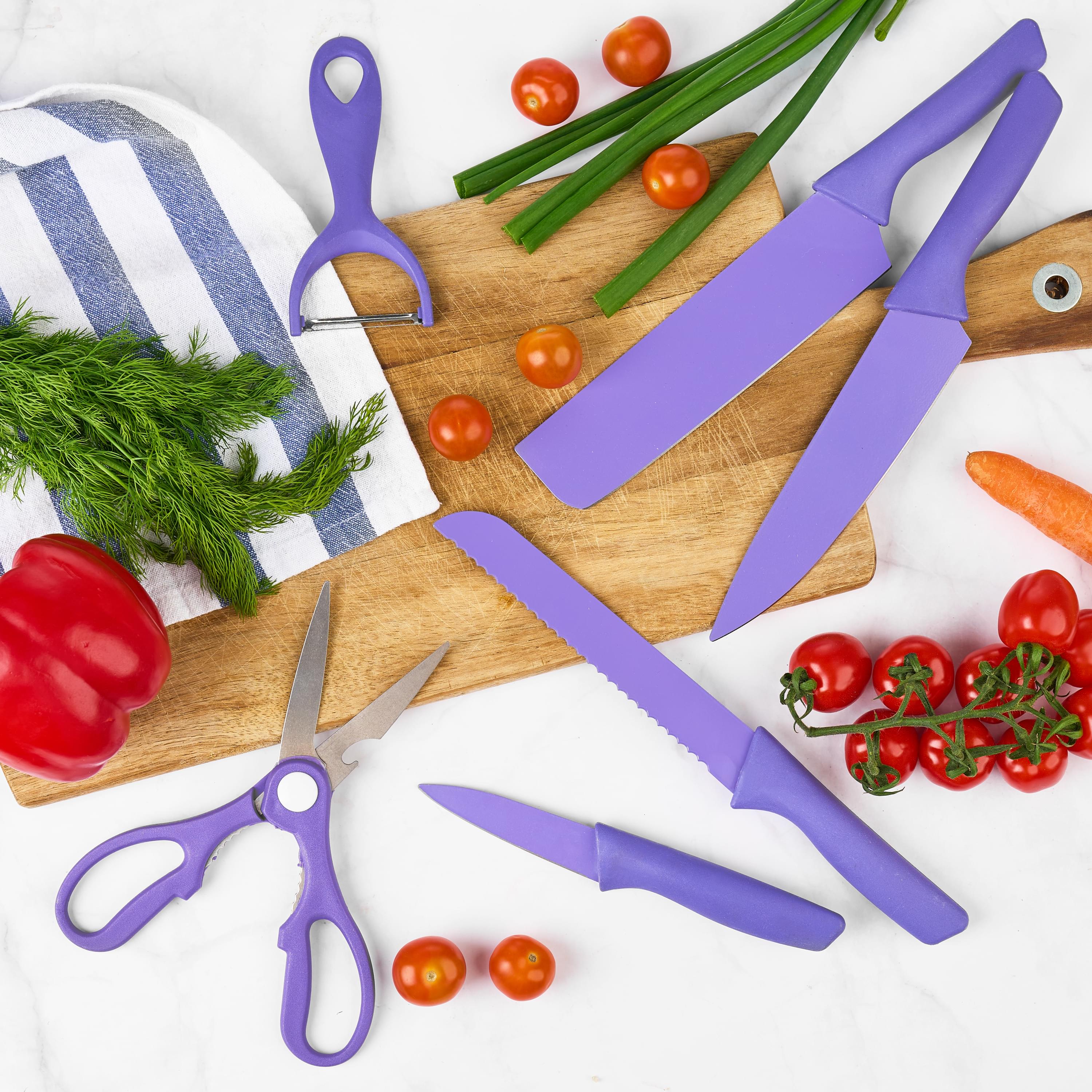 Set cutite onuvio, 6 piese - cuțit de chef, cuțit de pâine, satăr, ustensilă pentru decojit, foarfecă alimentară, cutit pentru fructe și legume, aliaj 3cr13 anticoroziv, colorate și cu strat protector antiaderent - mov