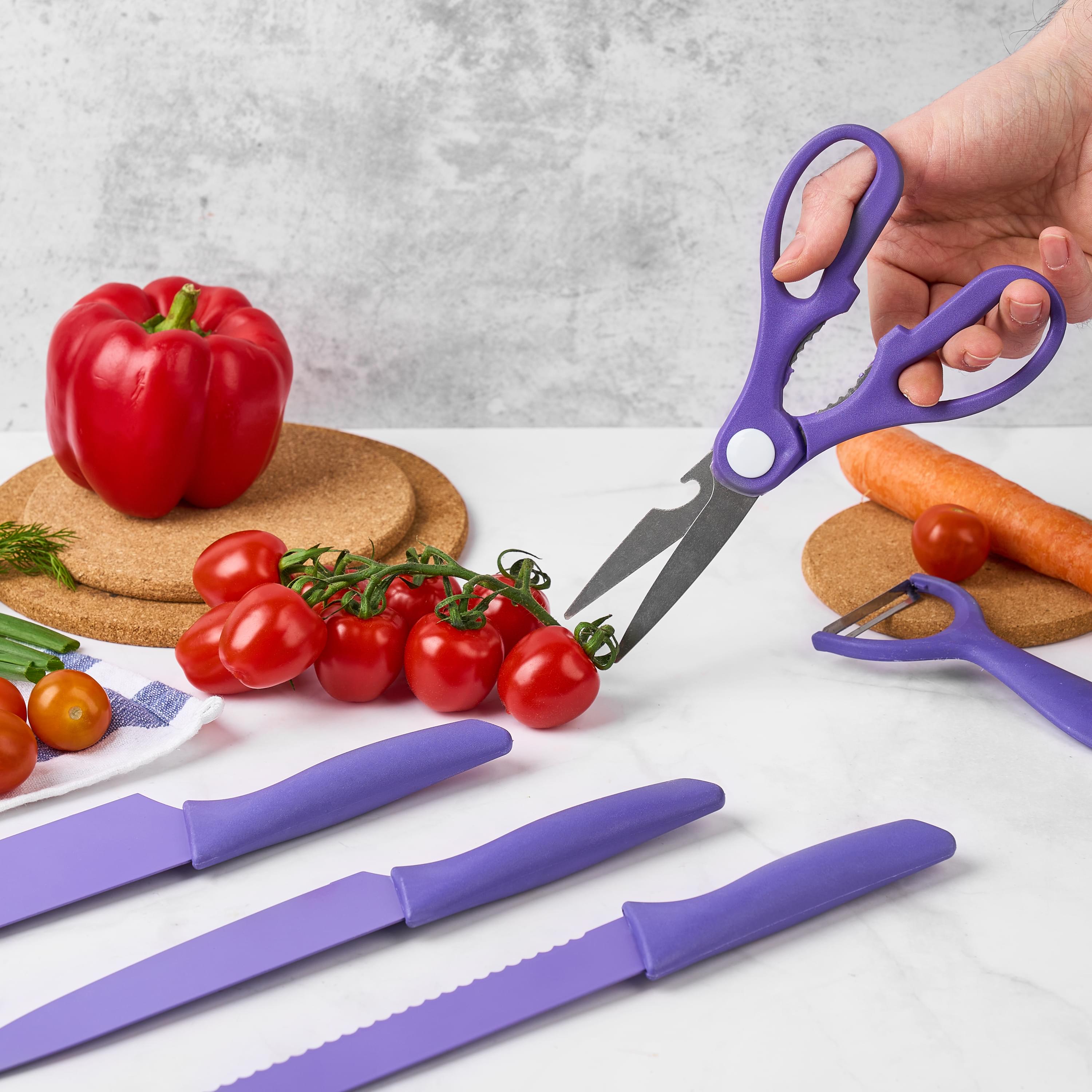 Set cutite onuvio, 6 piese - cuțit de chef, cuțit de pâine, satăr, ustensilă pentru decojit, foarfecă alimentară, cutit pentru fructe și legume, aliaj 3cr13 anticoroziv, colorate și cu strat protector antiaderent - mov