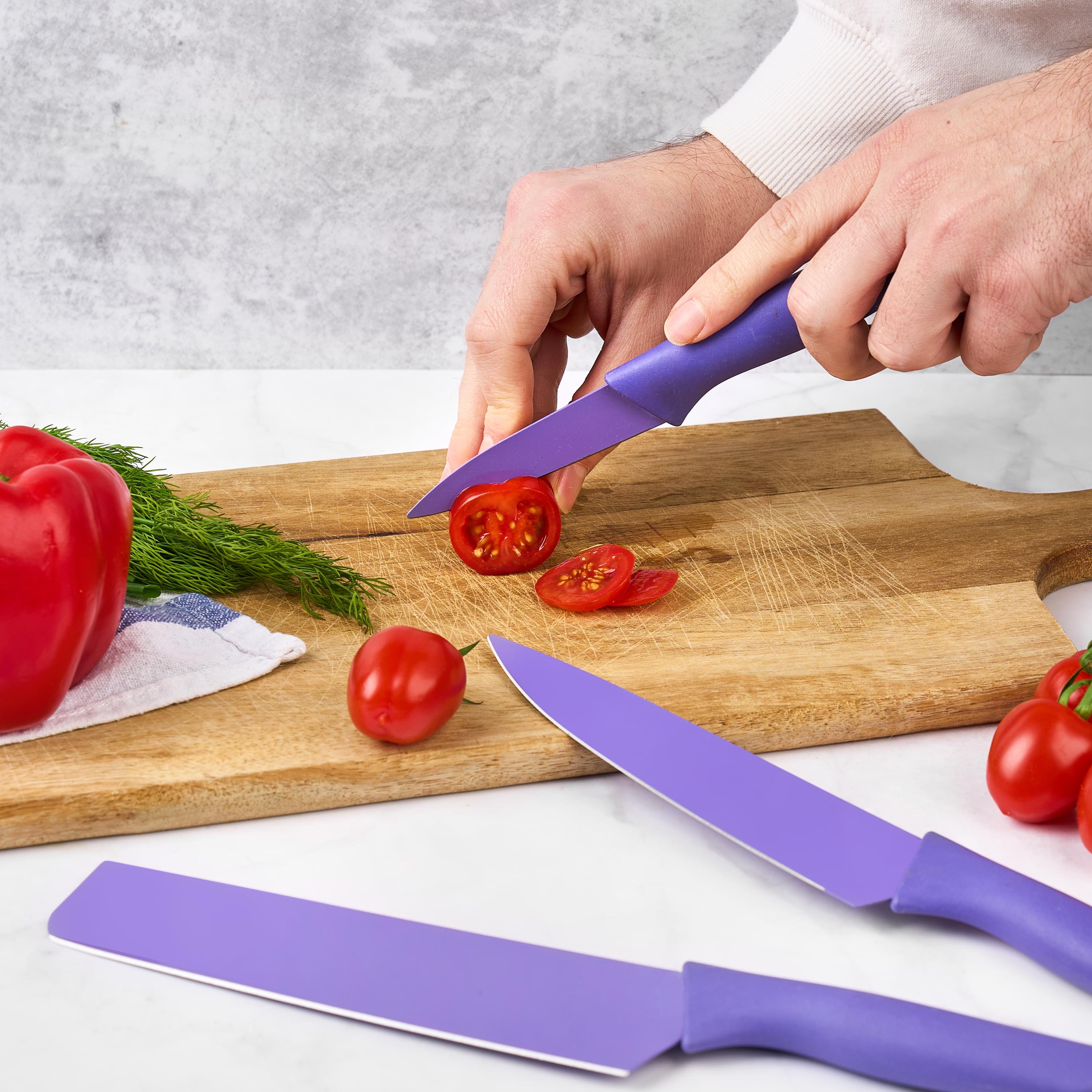 Set cutite onuvio, 6 piese - cuțit de chef, cuțit de pâine, satăr, ustensilă pentru decojit, foarfecă alimentară, cutit pentru fructe și legume, aliaj 3cr13 anticoroziv, colorate și cu strat protector antiaderent - mov