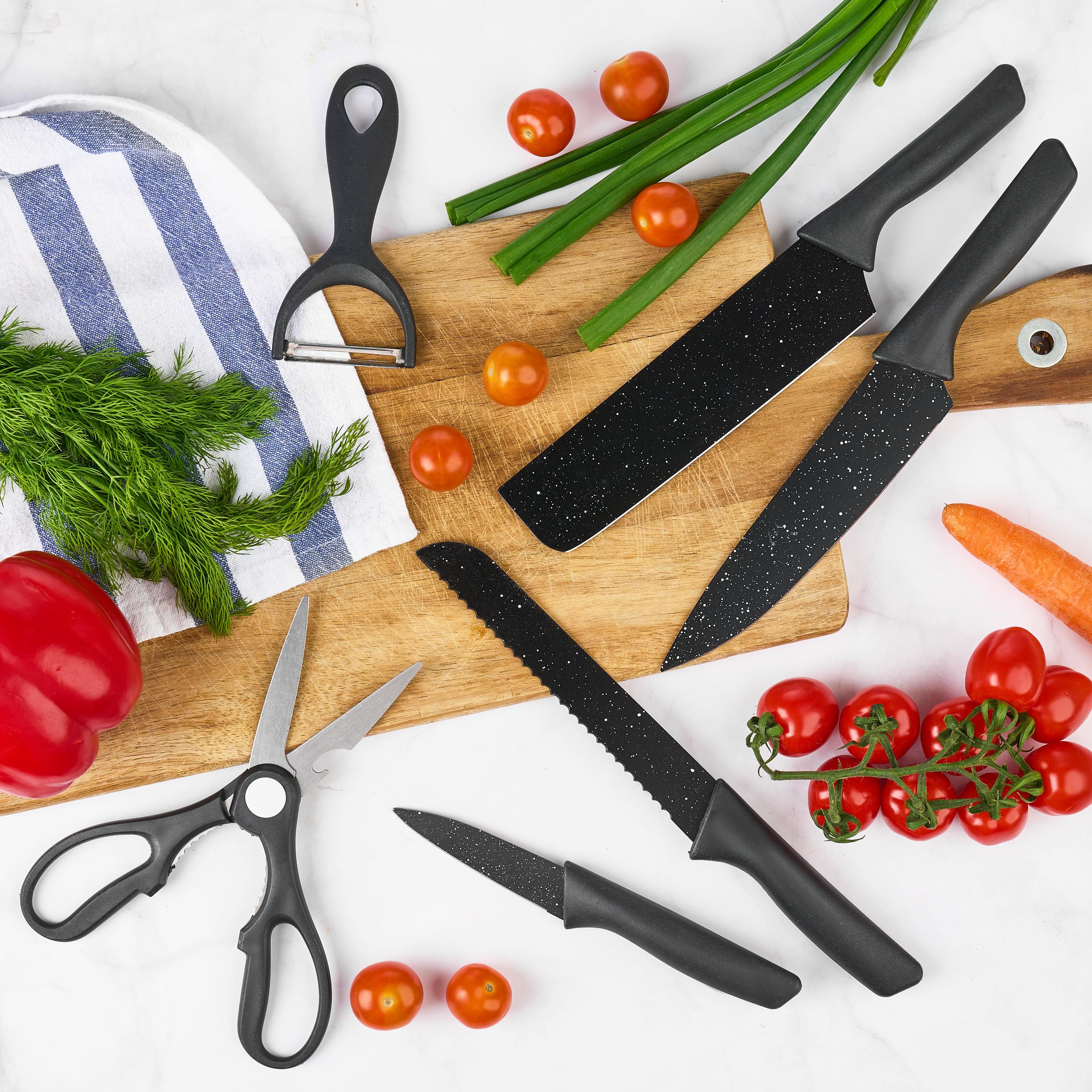 Set cutite onuvio, 6 piese - cuțit de chef, cuțit de pâine, satăr, ustensilă pentru decojit, foarfecă alimentară, cutit pentru fructe și legume, aliaj 3cr13 anticoroziv, colorate și cu strat protector antiaderent - negru