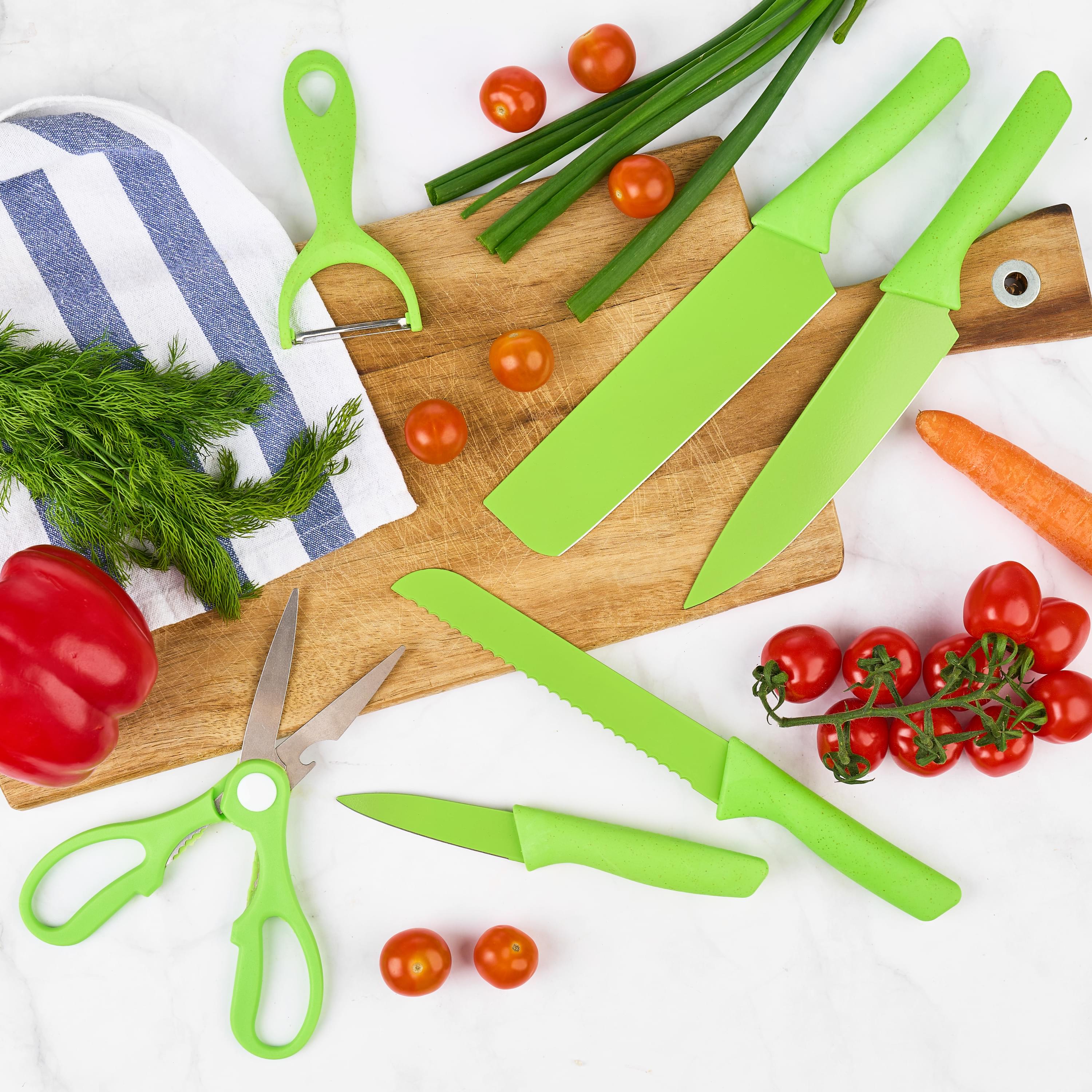 Set cutite onuvio, 6 piese - cuțit de chef, cuțit de pâine, satăr, ustensilă pentru decojit, foarfecă alimentară, cutit pentru fructe și legume, aliaj 3cr13 anticoroziv, colorate și cu strat protector antiaderent - verde