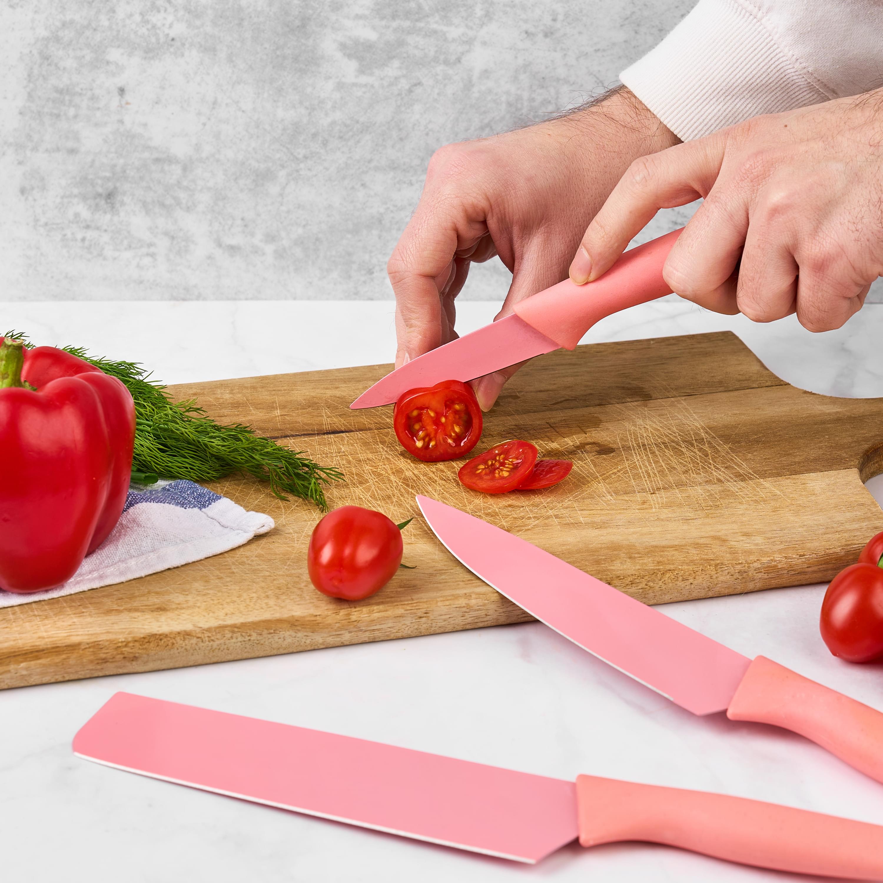 Set cutite onuvio, 6 piese - cuțit de chef, cuțit de pâine, satăr, ustensilă pentru decojit, foarfecă alimentară, cutit pentru fructe și legume, aliaj 3cr13 anticoroziv, colorate și cu strat protector antiaderent - roz