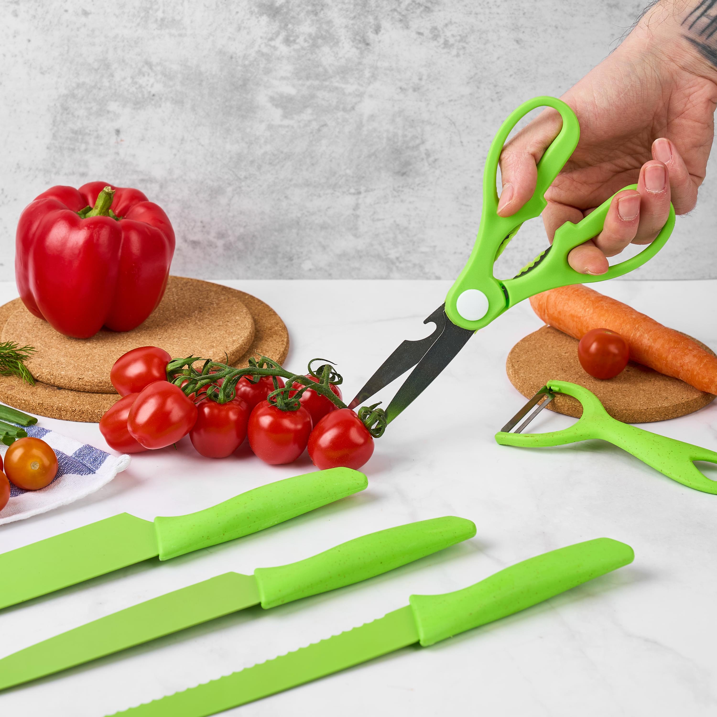 Set cutite onuvio, 6 piese - cuțit de chef, cuțit de pâine, satăr, ustensilă pentru decojit, foarfecă alimentară, cutit pentru fructe și legume, aliaj 3cr13 anticoroziv, colorate și cu strat protector antiaderent - verde