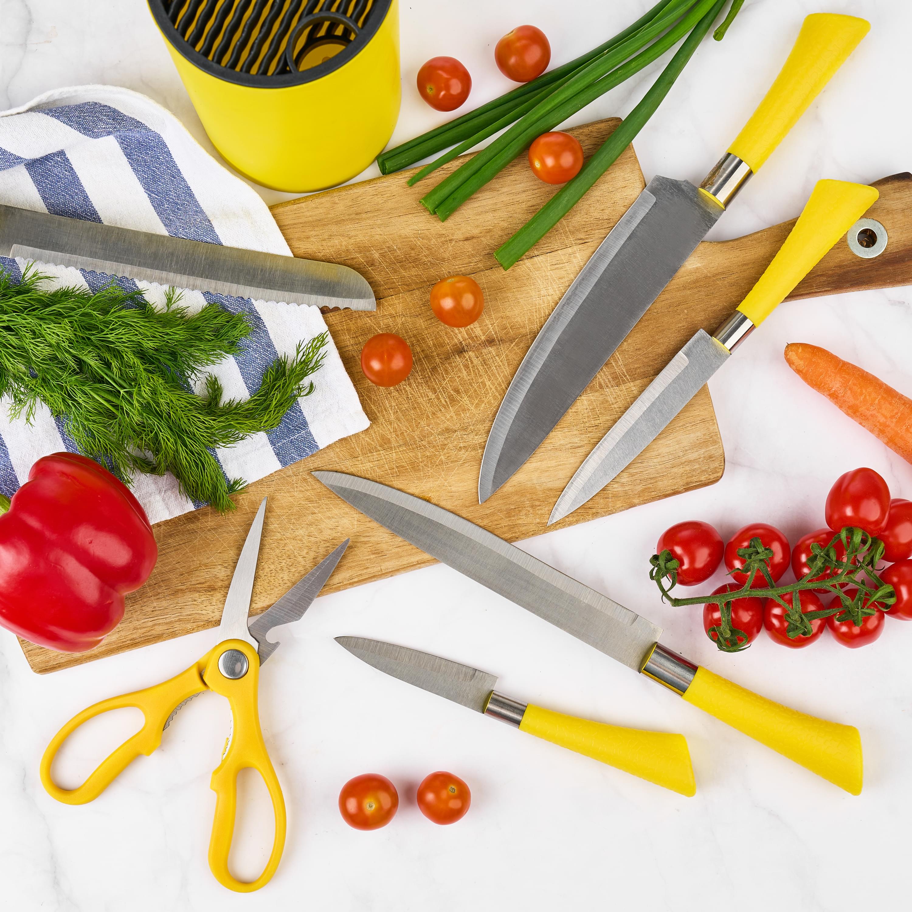 Set premium de cuțite onuvio, 5 piese cu suport rotund de blat - include cuțit de chef, cuțit de panificație, cuțit de feliere, cuțit universal, cuțit pentru legume și fructe, aliaj 3cr13 anticoroziv, colorate - galben