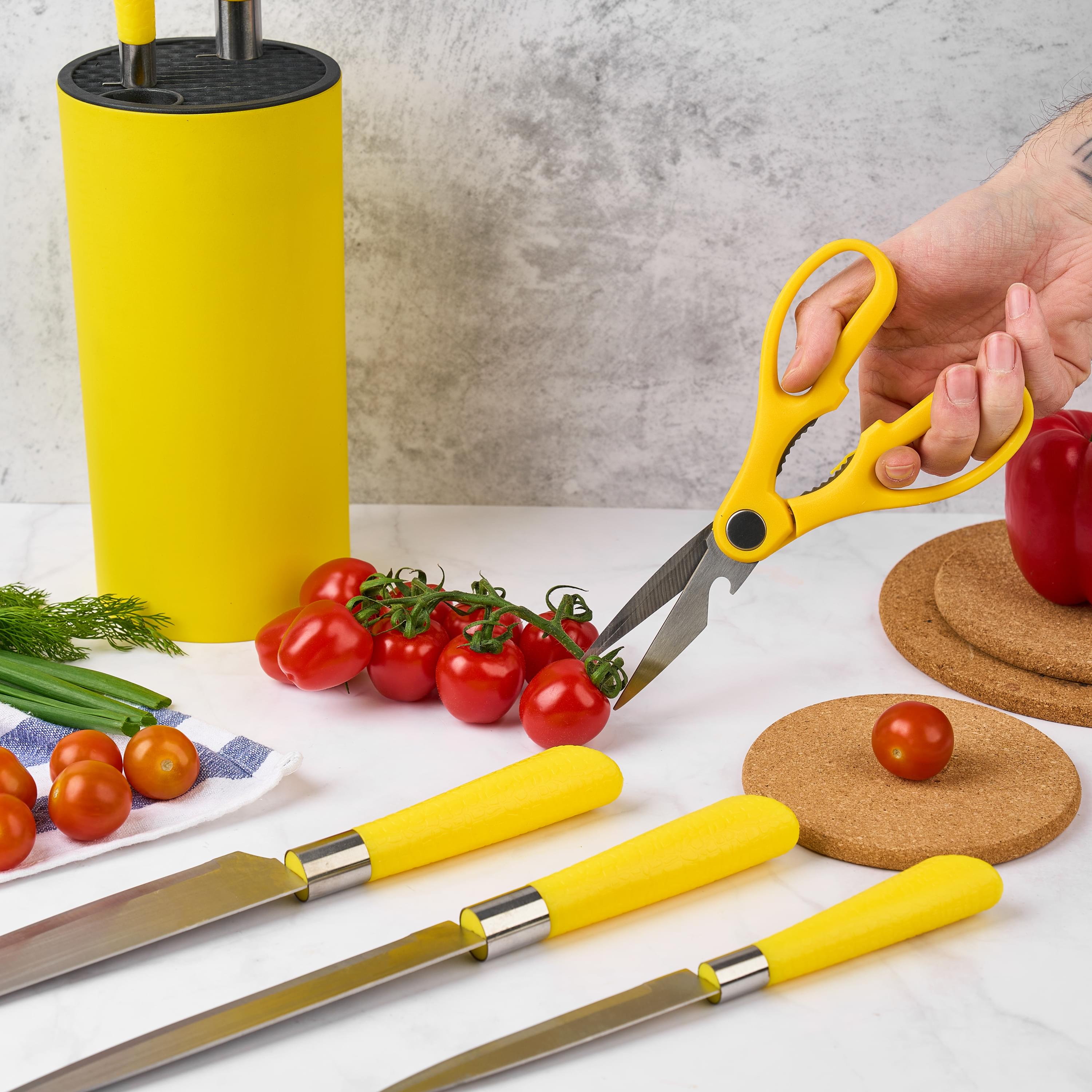 Set premium de cuțite onuvio, 5 piese cu suport rotund de blat - include cuțit de chef, cuțit de panificație, cuțit de feliere, cuțit universal, cuțit pentru legume și fructe, aliaj 3cr13 anticoroziv, colorate - galben