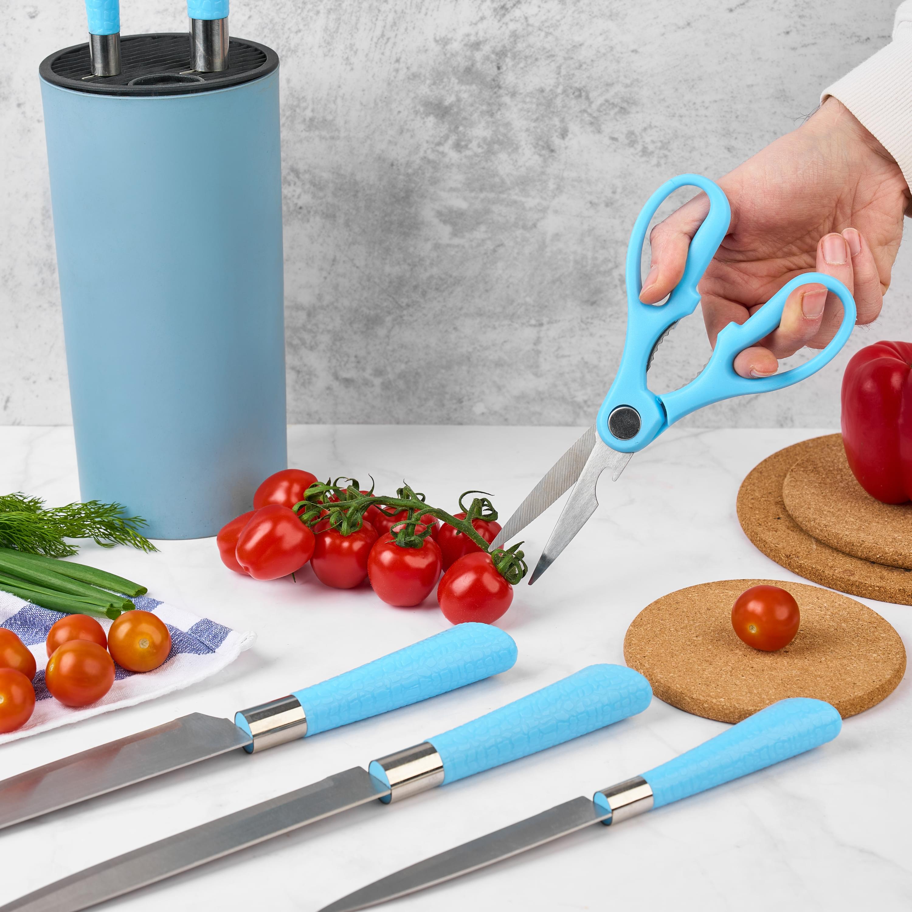 Set premium de cuțite onuvio, 5 piese cu suport rotund de blat - include cuțit de chef, cuțit de panificație, cuțit de feliere, cuțit universal, cuțit pentru legume și fructe, aliaj 3cr13 anticoroziv, colorate - albastru