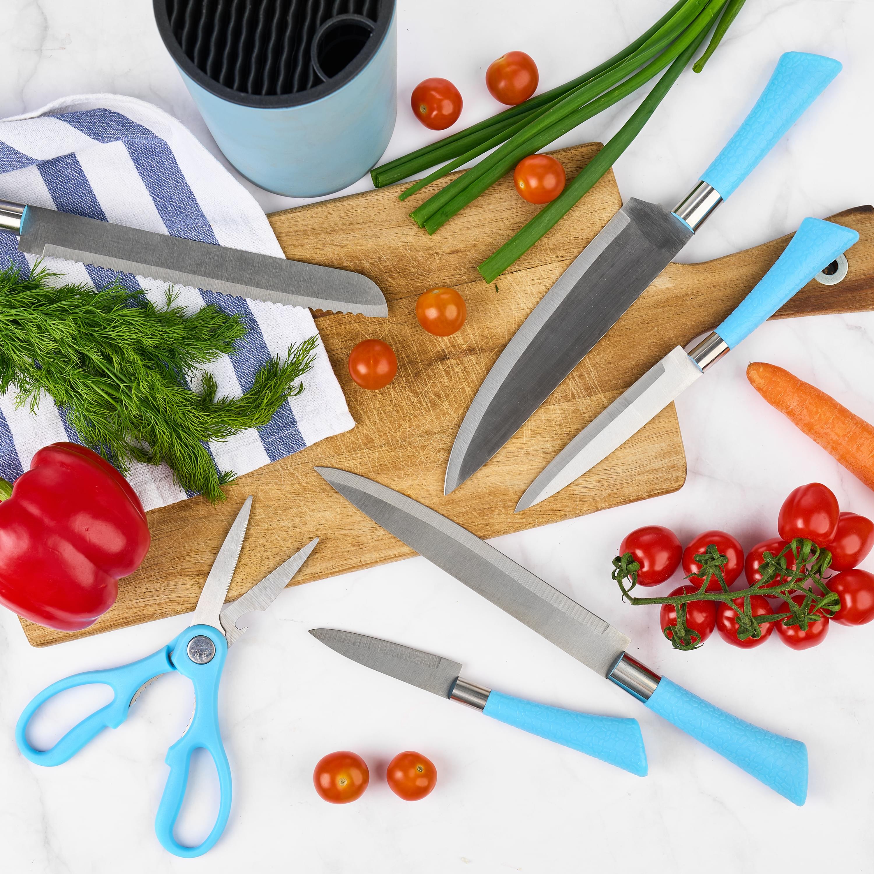Set premium de cuțite onuvio, 5 piese cu suport rotund de blat - include cuțit de chef, cuțit de panificație, cuțit de feliere, cuțit universal, cuțit pentru legume și fructe, aliaj 3cr13 anticoroziv, colorate - albastru