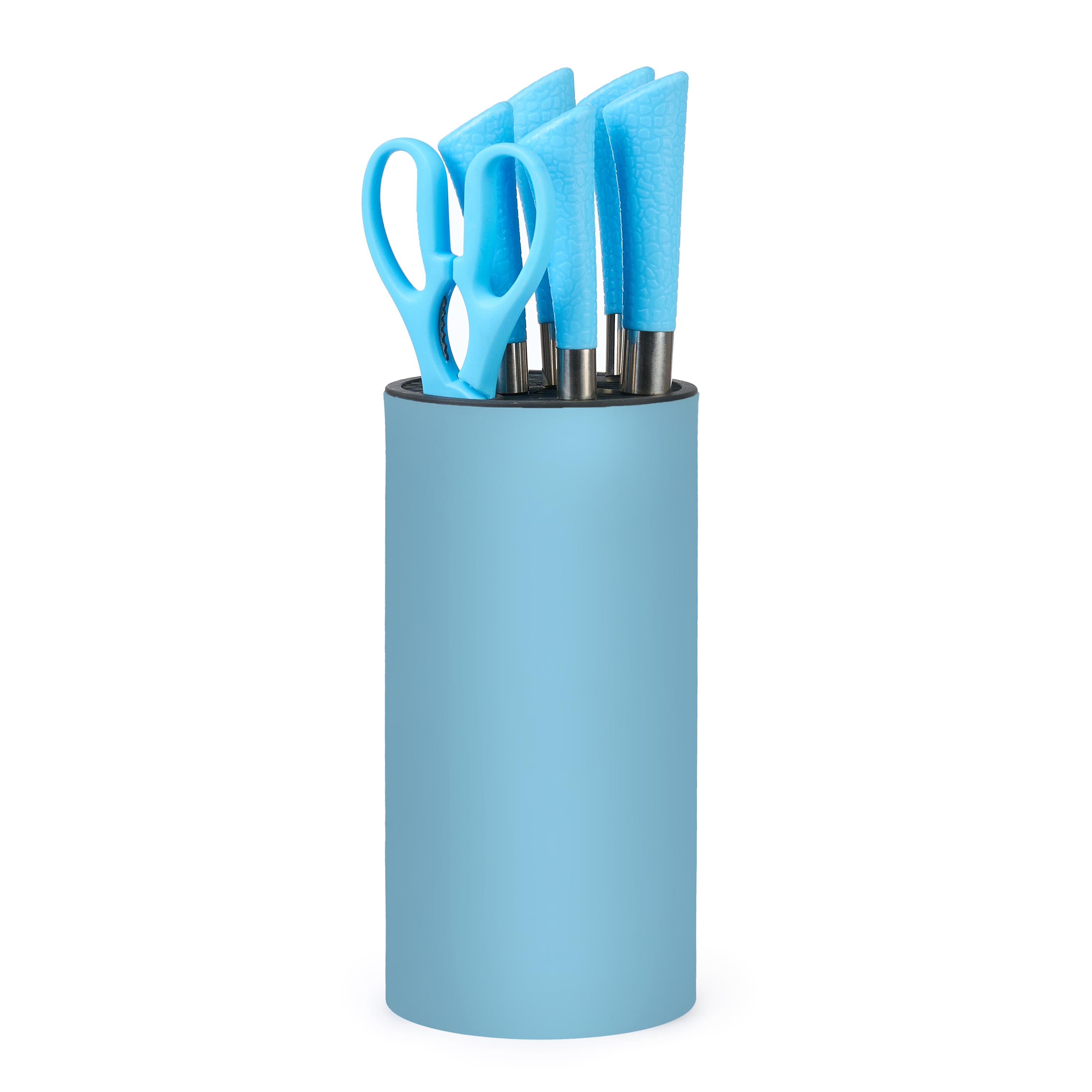 Set premium de cuțite onuvio, 5 piese cu suport rotund de blat - include cuțit de chef, cuțit de panificație, cuțit de feliere, cuțit universal, cuțit pentru legume și fructe, aliaj 3cr13 anticoroziv, colorate - albastru