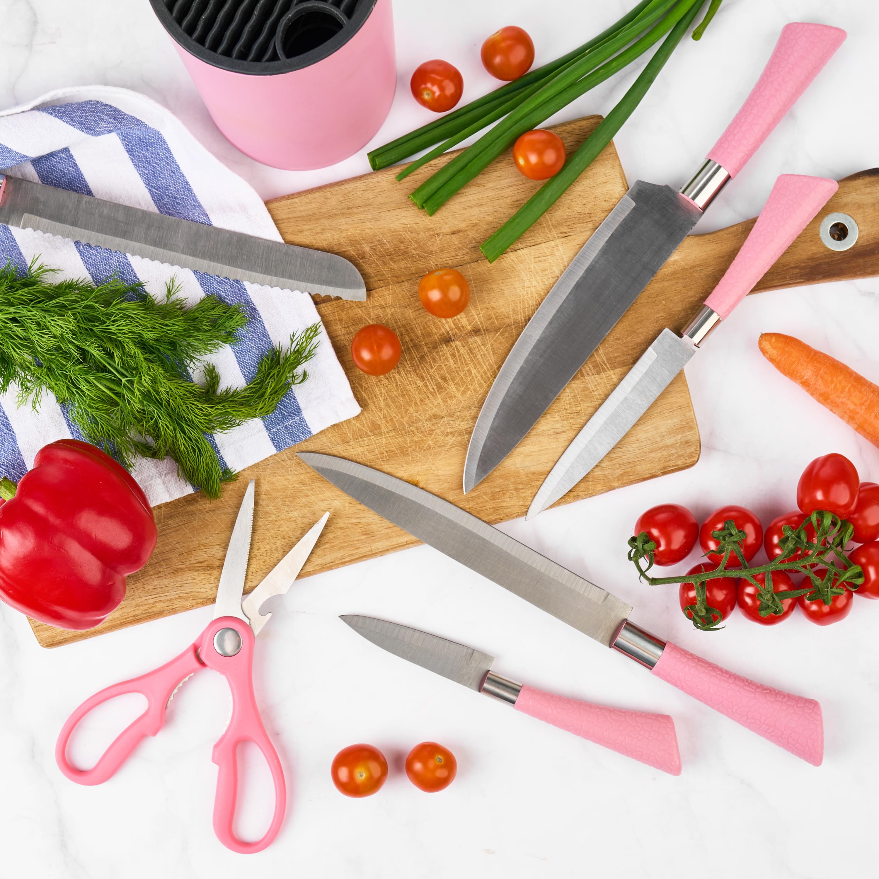 Set premium de cuțite onuvio, 5 piese cu suport rotund de blat - include cuțit de chef, cuțit de panificație, cuțit de feliere, cuțit universal, cuțit pentru legume și fructe, aliaj 3cr13 anticoroziv, colorate - roz