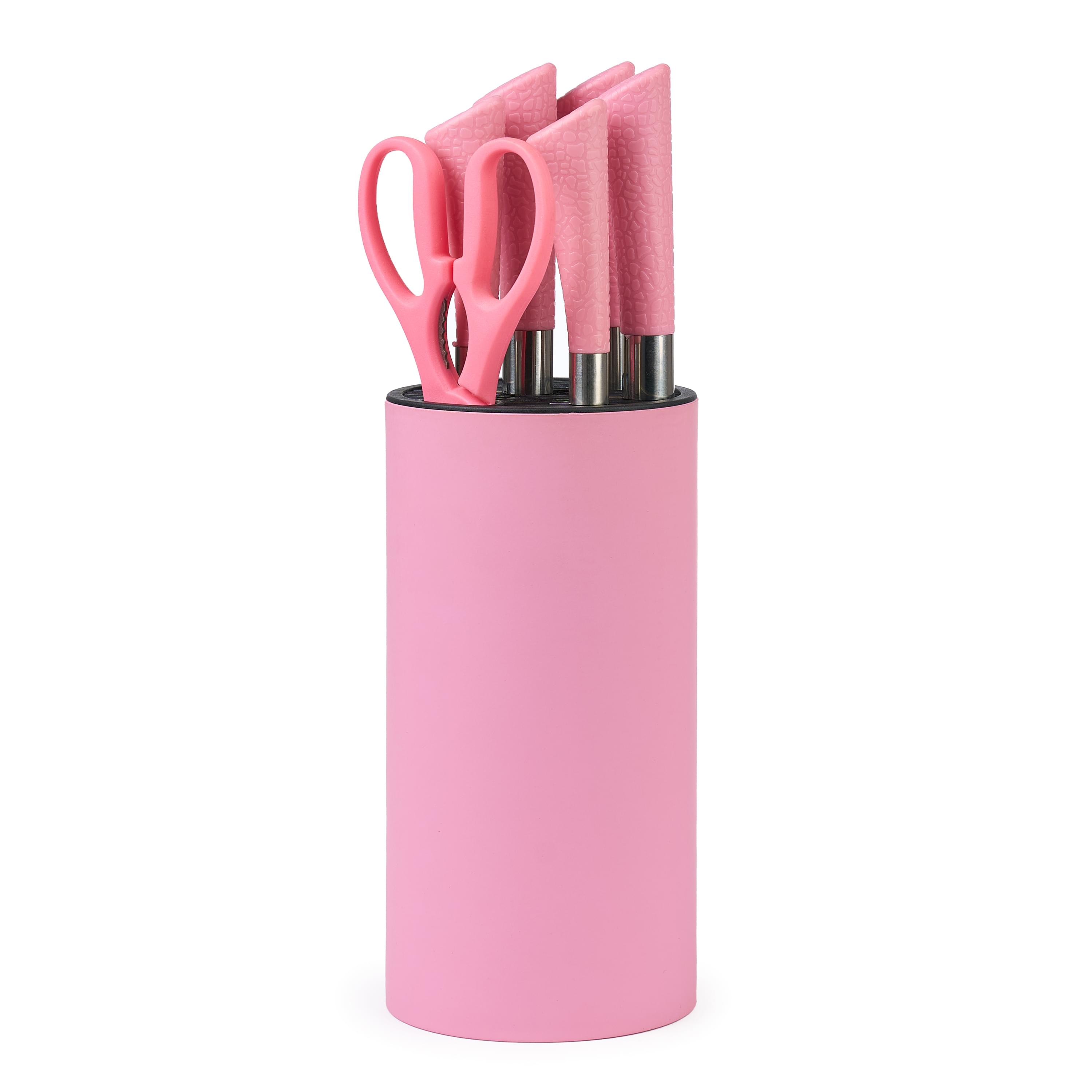 Set premium de cuțite onuvio, 5 piese cu suport rotund de blat - include cuțit de chef, cuțit de panificație, cuțit de feliere, cuțit universal, cuțit pentru legume și fructe, aliaj 3cr13 anticoroziv, colorate - roz