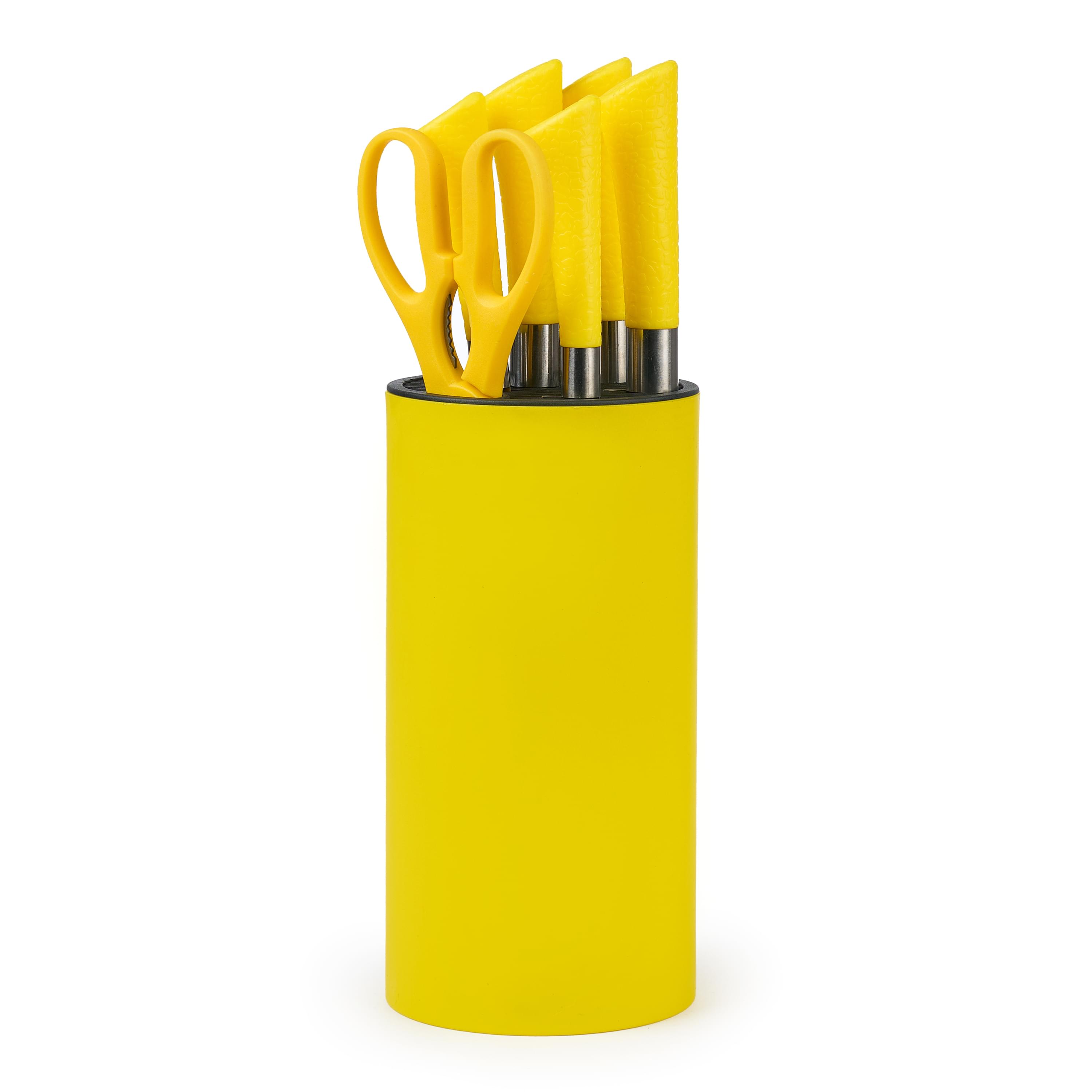 Set premium de cuțite onuvio, 5 piese cu suport rotund de blat - include cuțit de chef, cuțit de panificație, cuțit de feliere, cuțit universal, cuțit pentru legume și fructe, aliaj 3cr13 anticoroziv, colorate - galben