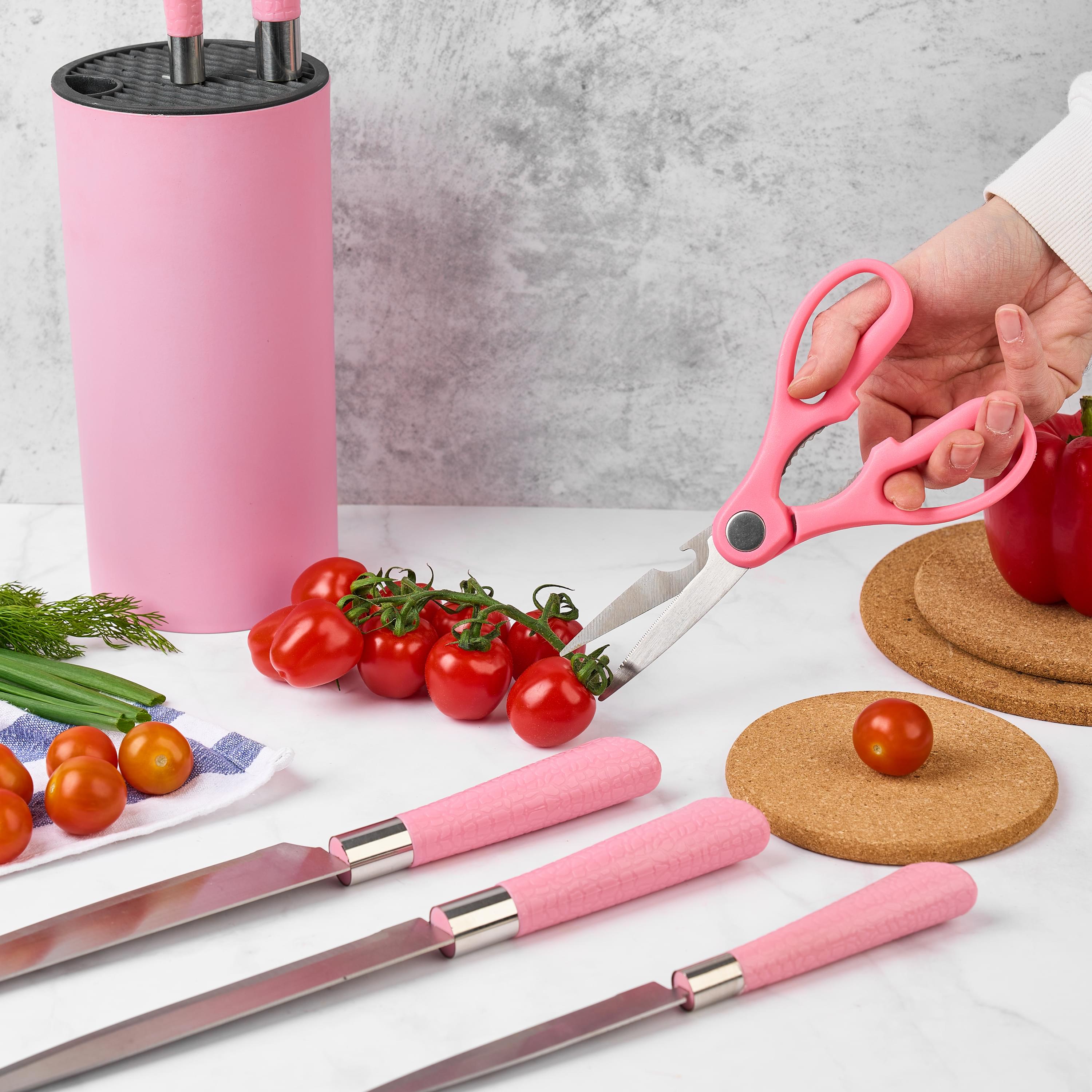 Set premium de cuțite onuvio, 5 piese cu suport rotund de blat - include cuțit de chef, cuțit de panificație, cuțit de feliere, cuțit universal, cuțit pentru legume și fructe, aliaj 3cr13 anticoroziv, colorate - roz
