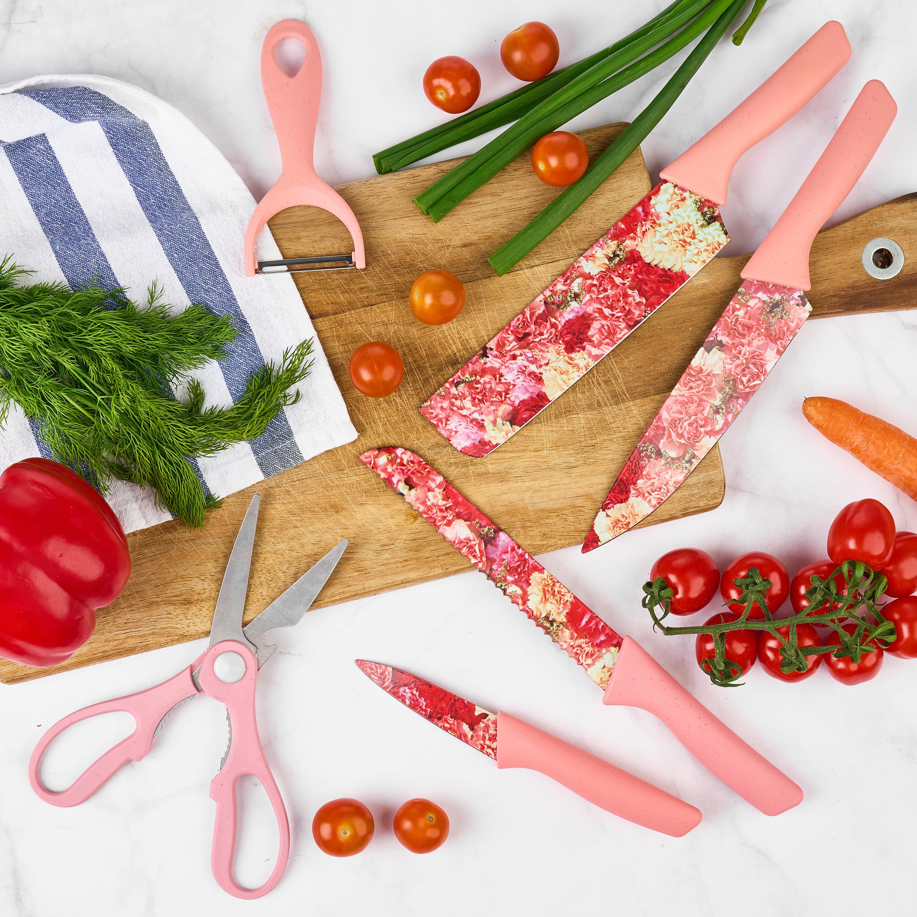 Set cutite onuvio, 6 piese - cuțit de chef, cuțit de pâine, satăr, ustensilă pentru decojit, foarfecă alimentară, cutit pentru fructe și legume, aliaj 3cr13 anticoroziv, colorate și cu strat protector antiaderent - roz