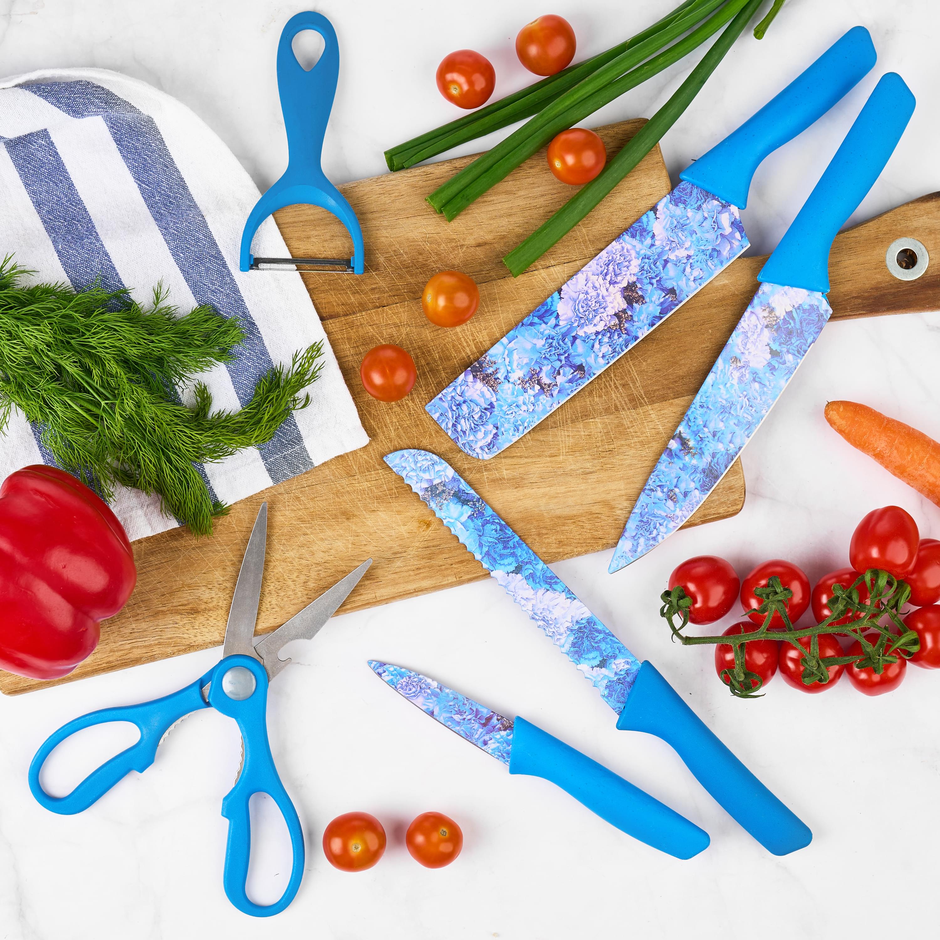 Set cutite onuvio, 6 piese - cuțit de chef, cuțit de pâine, satăr, ustensilă pentru decojit, foarfecă alimentară, cutit pentru fructe și legume, aliaj 3cr13 anticoroziv, colorate și cu strat protector antiaderent - albastru