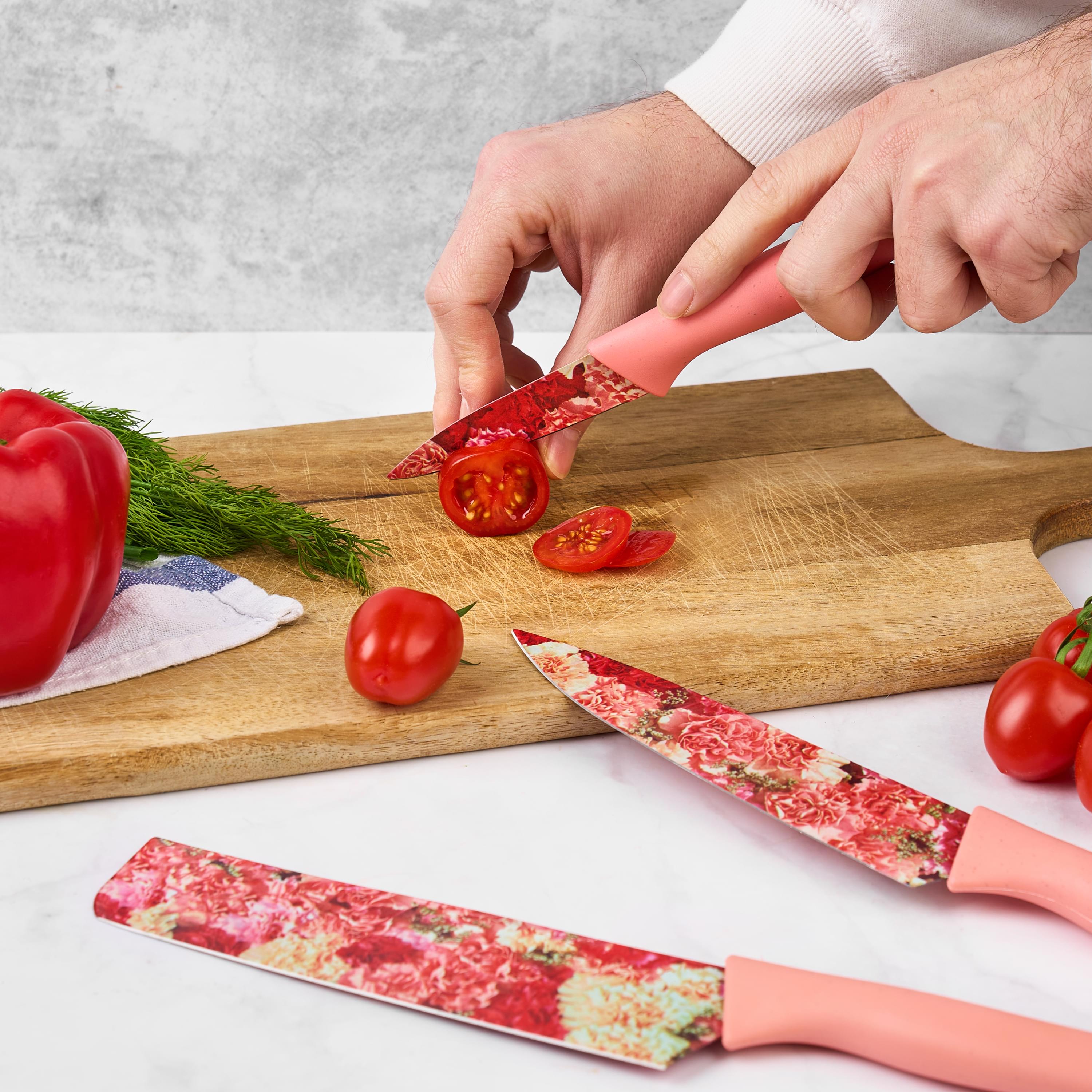 Set cutite onuvio, 6 piese - cuțit de chef, cuțit de pâine, satăr, ustensilă pentru decojit, foarfecă alimentară, cutit pentru fructe și legume, aliaj 3cr13 anticoroziv, colorate și cu strat protector antiaderent - roz