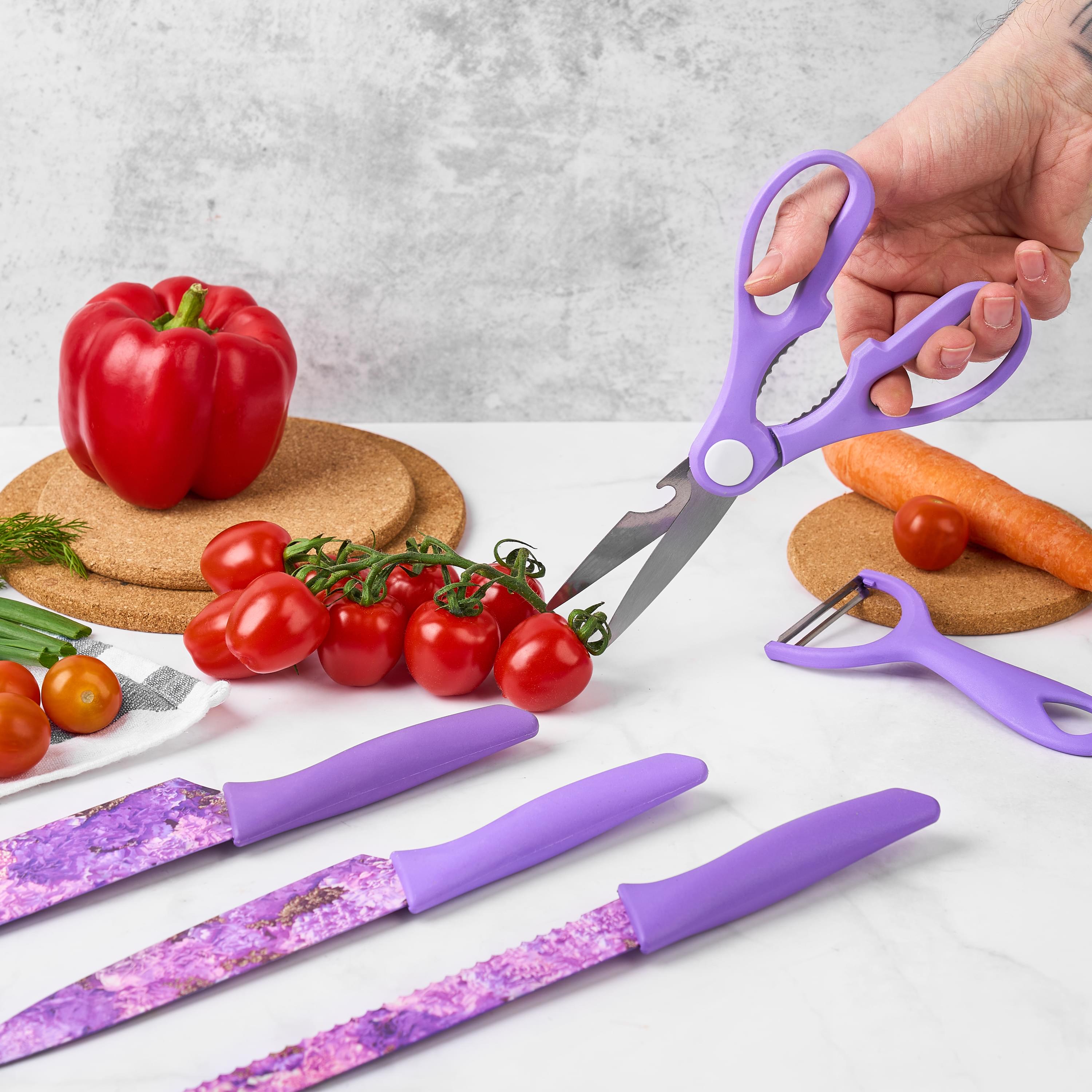 Set cutite onuvio, 6 piese - cuțit de chef, cuțit de pâine, satăr, ustensilă pentru decojit, foarfecă alimentară, cutit pentru fructe și legume, aliaj 3cr13 anticoroziv, colorate și cu strat protector antiaderent - mov