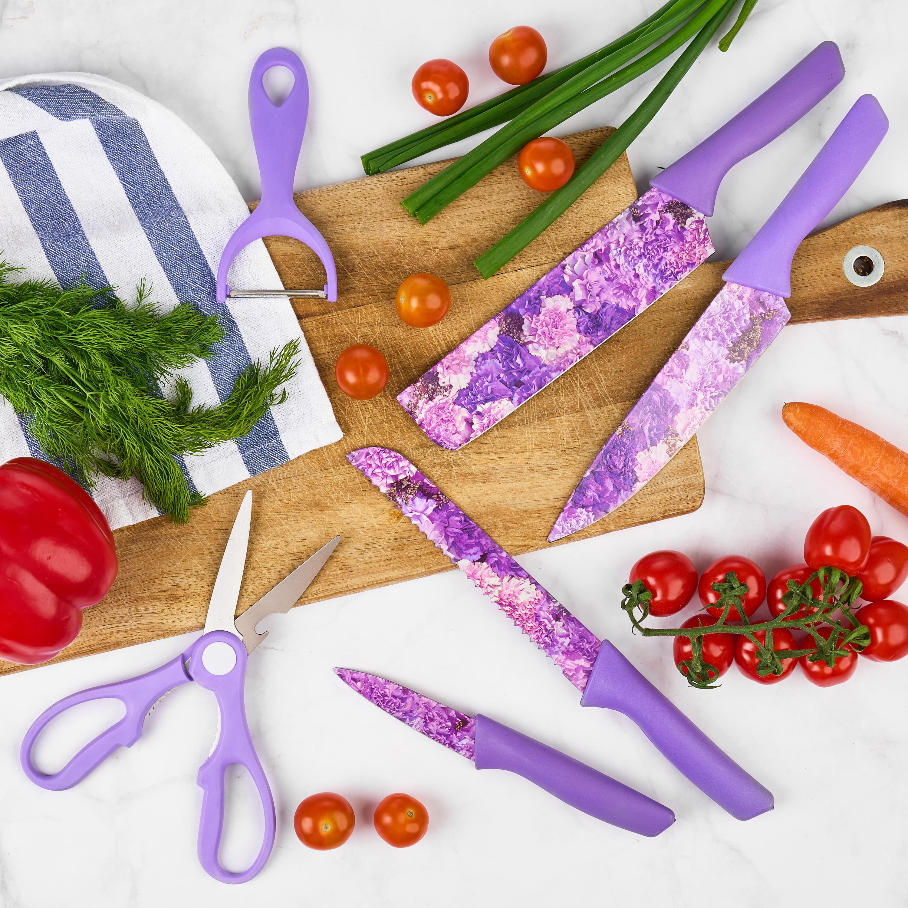 Set cutite onuvio, 6 piese - cuțit de chef, cuțit de pâine, satăr, ustensilă pentru decojit, foarfecă alimentară, cutit pentru fructe și legume, aliaj 3cr13 anticoroziv, colorate și cu strat protector antiaderent - mov