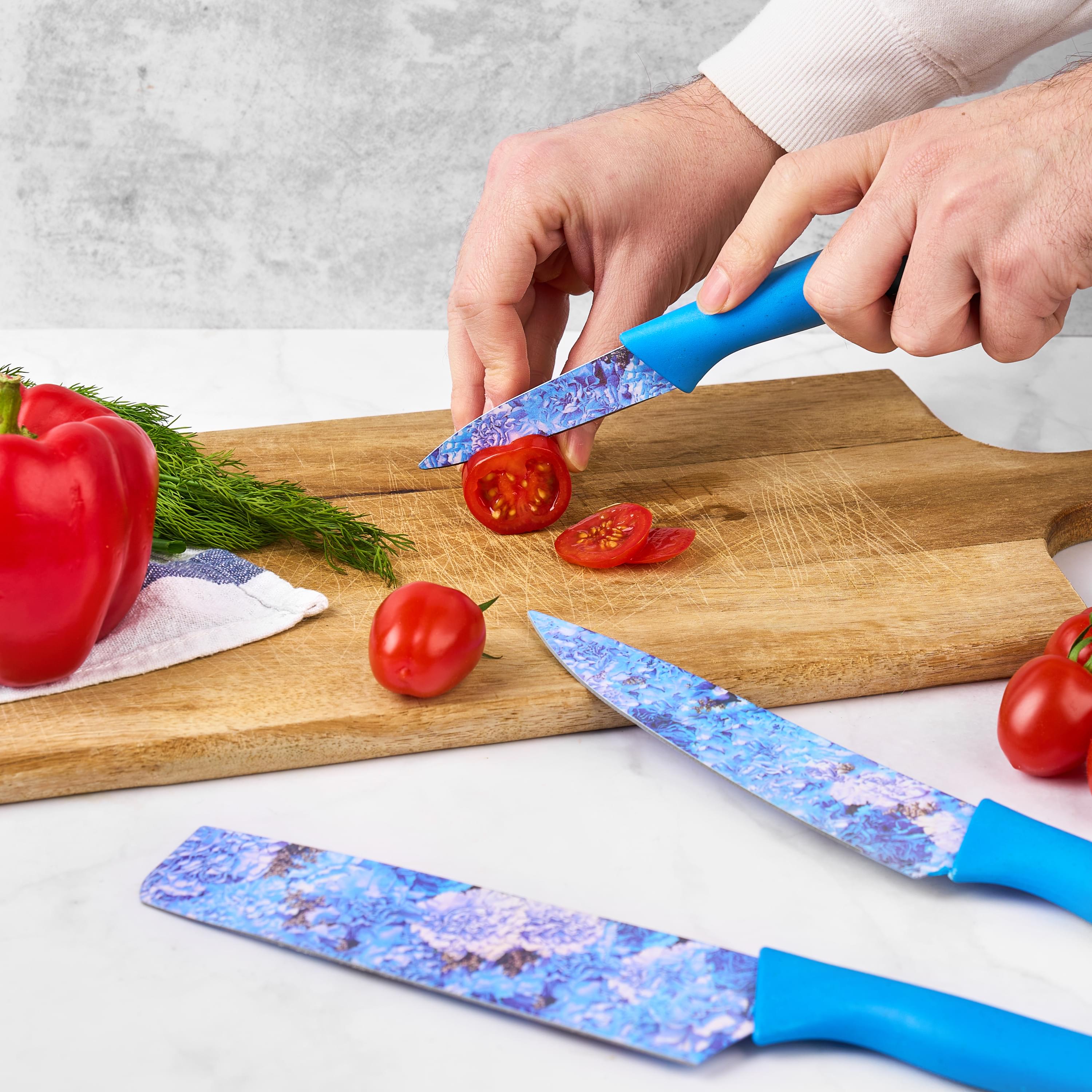 Set cutite onuvio, 6 piese - cuțit de chef, cuțit de pâine, satăr, ustensilă pentru decojit, foarfecă alimentară, cutit pentru fructe și legume, aliaj 3cr13 anticoroziv, colorate și cu strat protector antiaderent - albastru