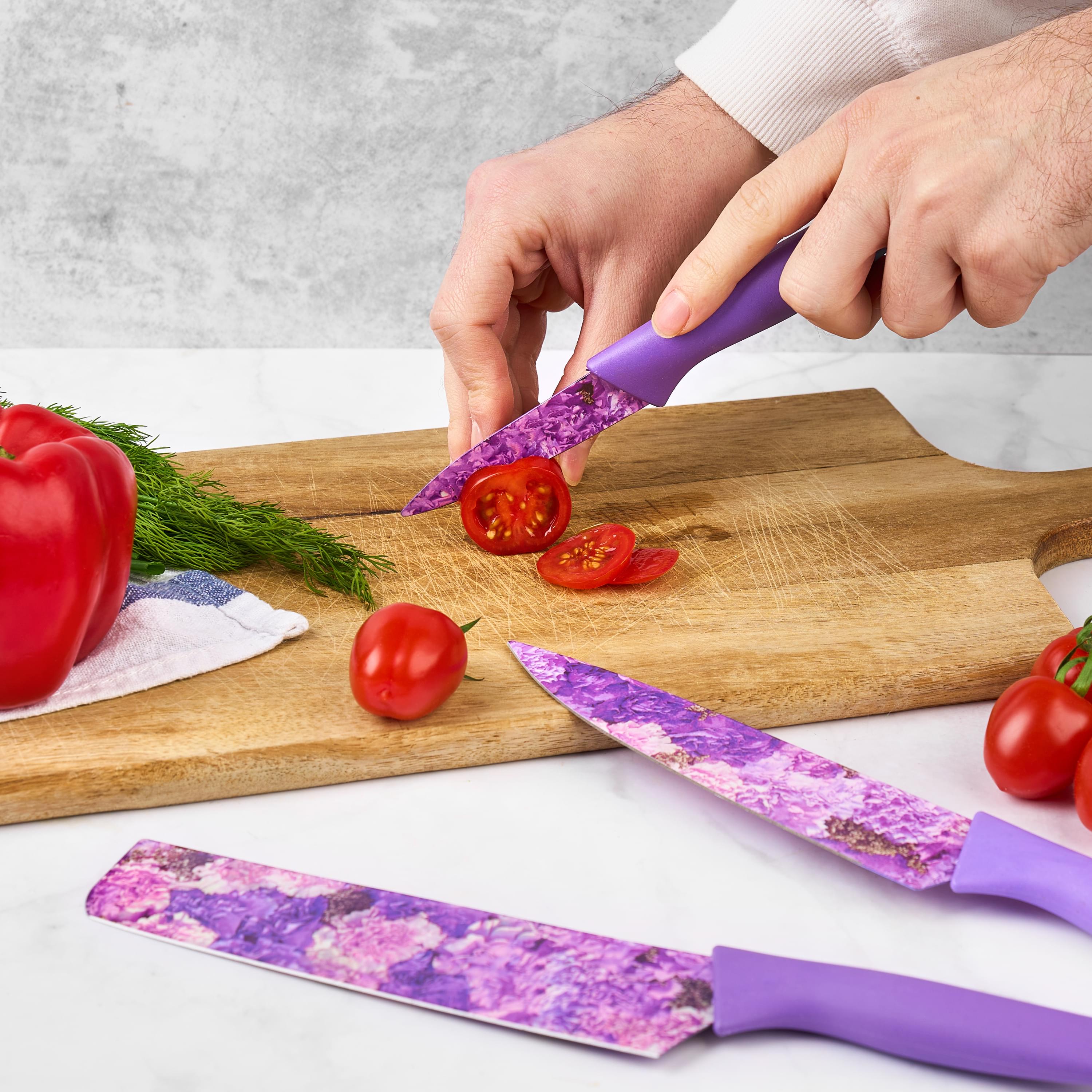 Set cutite onuvio, 6 piese - cuțit de chef, cuțit de pâine, satăr, ustensilă pentru decojit, foarfecă alimentară, cutit pentru fructe și legume, aliaj 3cr13 anticoroziv, colorate și cu strat protector antiaderent - mov