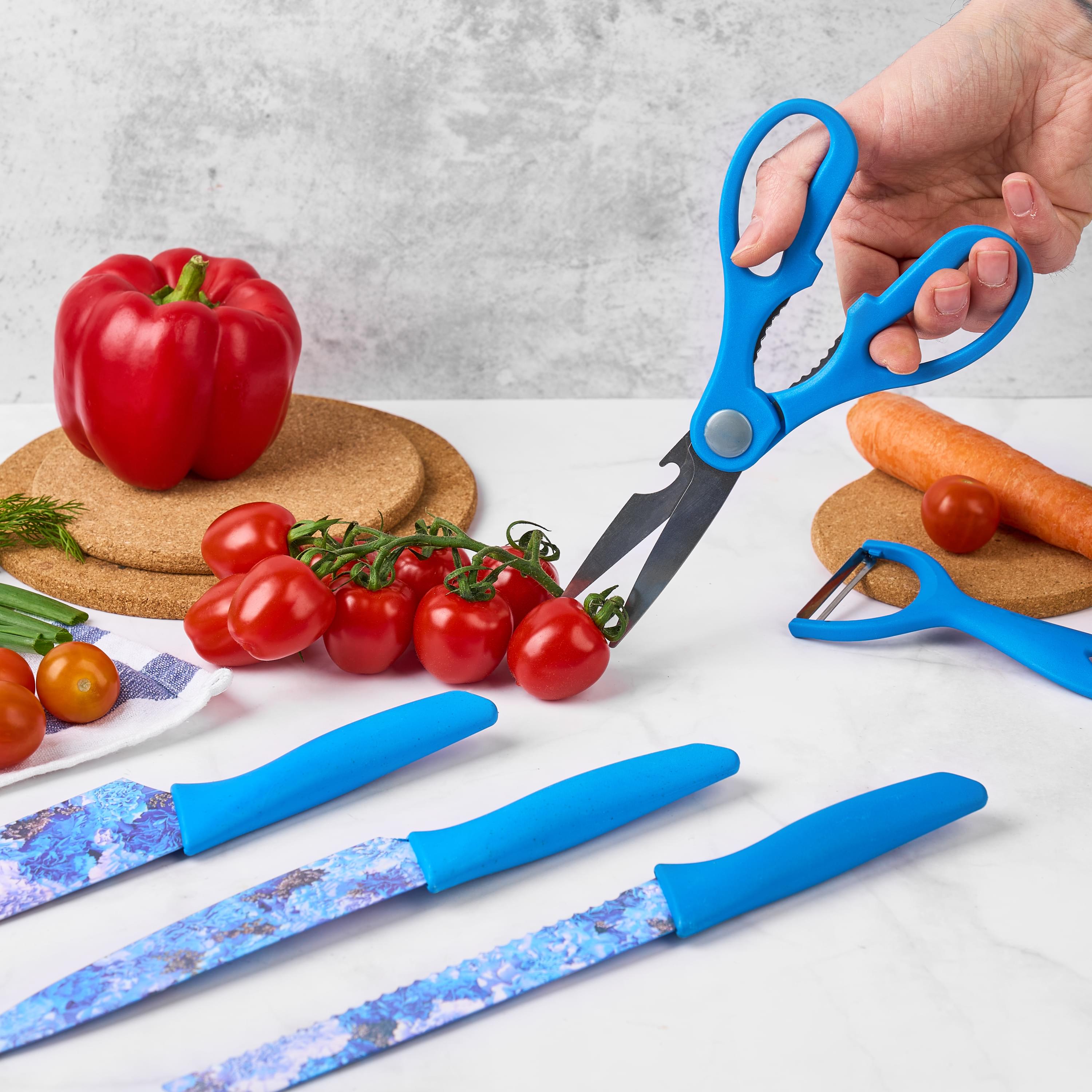 Set cutite onuvio, 6 piese - cuțit de chef, cuțit de pâine, satăr, ustensilă pentru decojit, foarfecă alimentară, cutit pentru fructe și legume, aliaj 3cr13 anticoroziv, colorate și cu strat protector antiaderent - albastru
