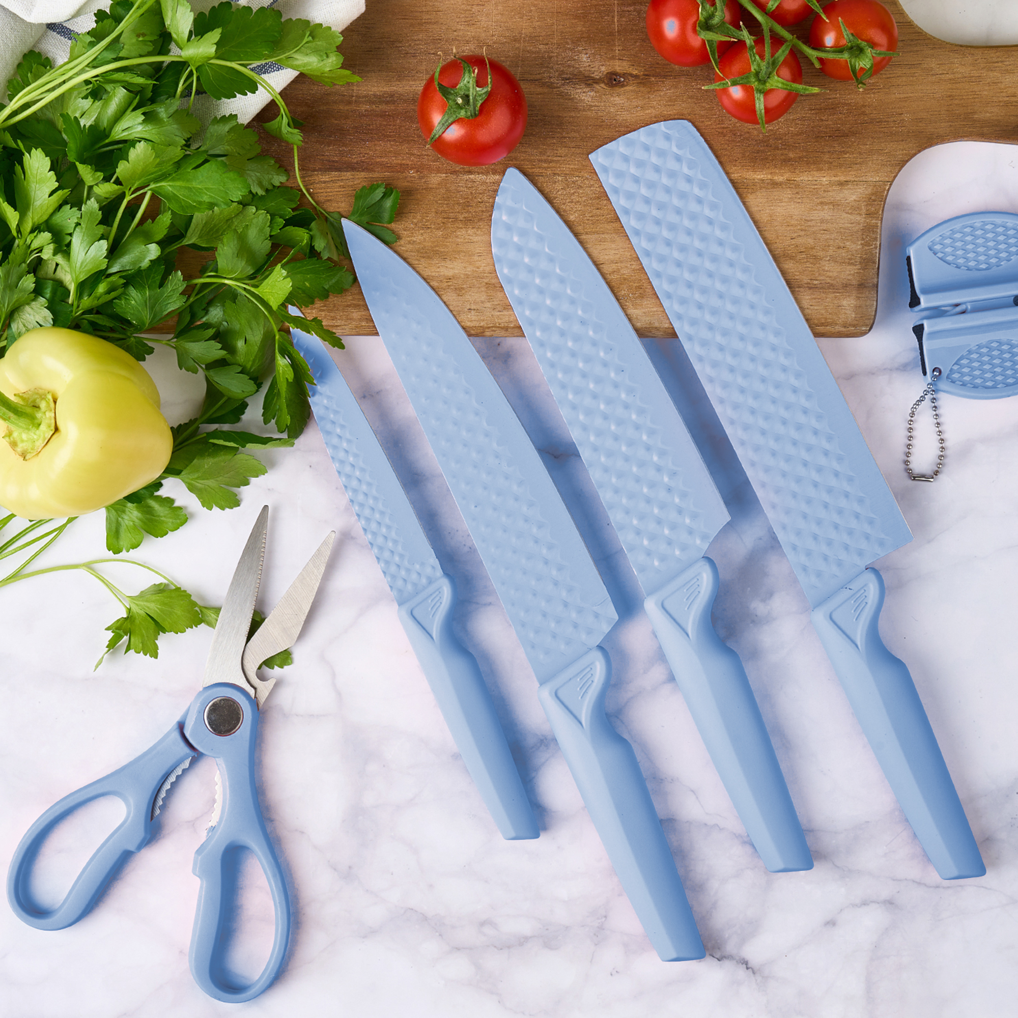 Set cuțite onuvio®, 6 piese, extrem de ascutite, folosire zilnica  include satar, cuțit santoku , cuțit chef, cuțit pentru legume și fructe,foarfeca, dispozitiv ascutit, albastru