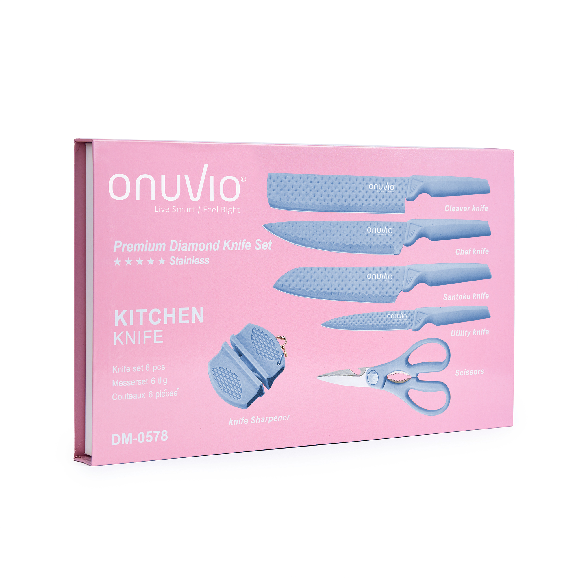 Set cuțite onuvio®, 6 piese, extrem de ascutite, folosire zilnica  include satar, cuțit santoku , cuțit chef, cuțit pentru legume și fructe,foarfeca, dispozitiv ascutit, albastru