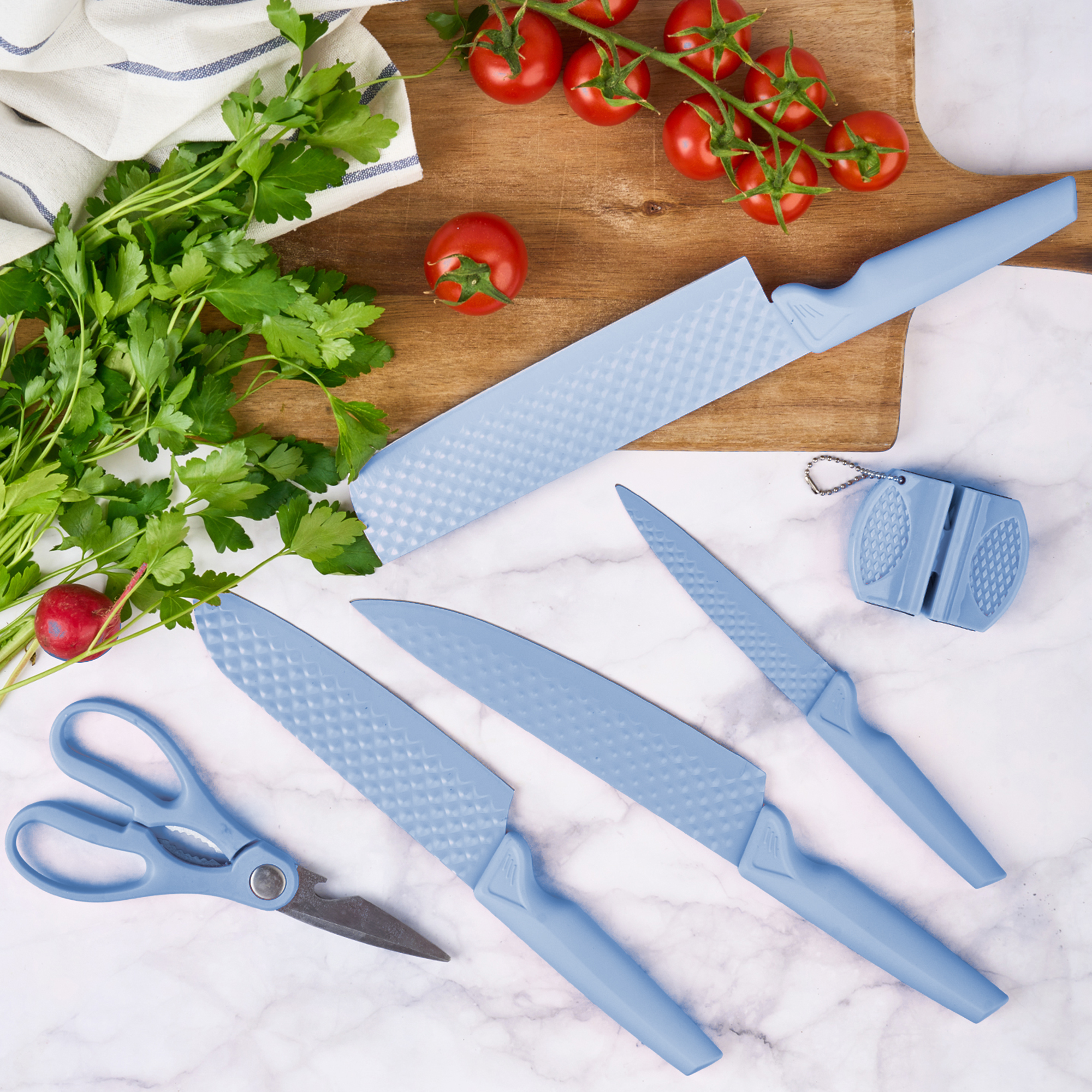 Set cuțite onuvio®, 6 piese, extrem de ascutite, folosire zilnica  include satar, cuțit santoku , cuțit chef, cuțit pentru legume și fructe,foarfeca, dispozitiv ascutit, albastru
