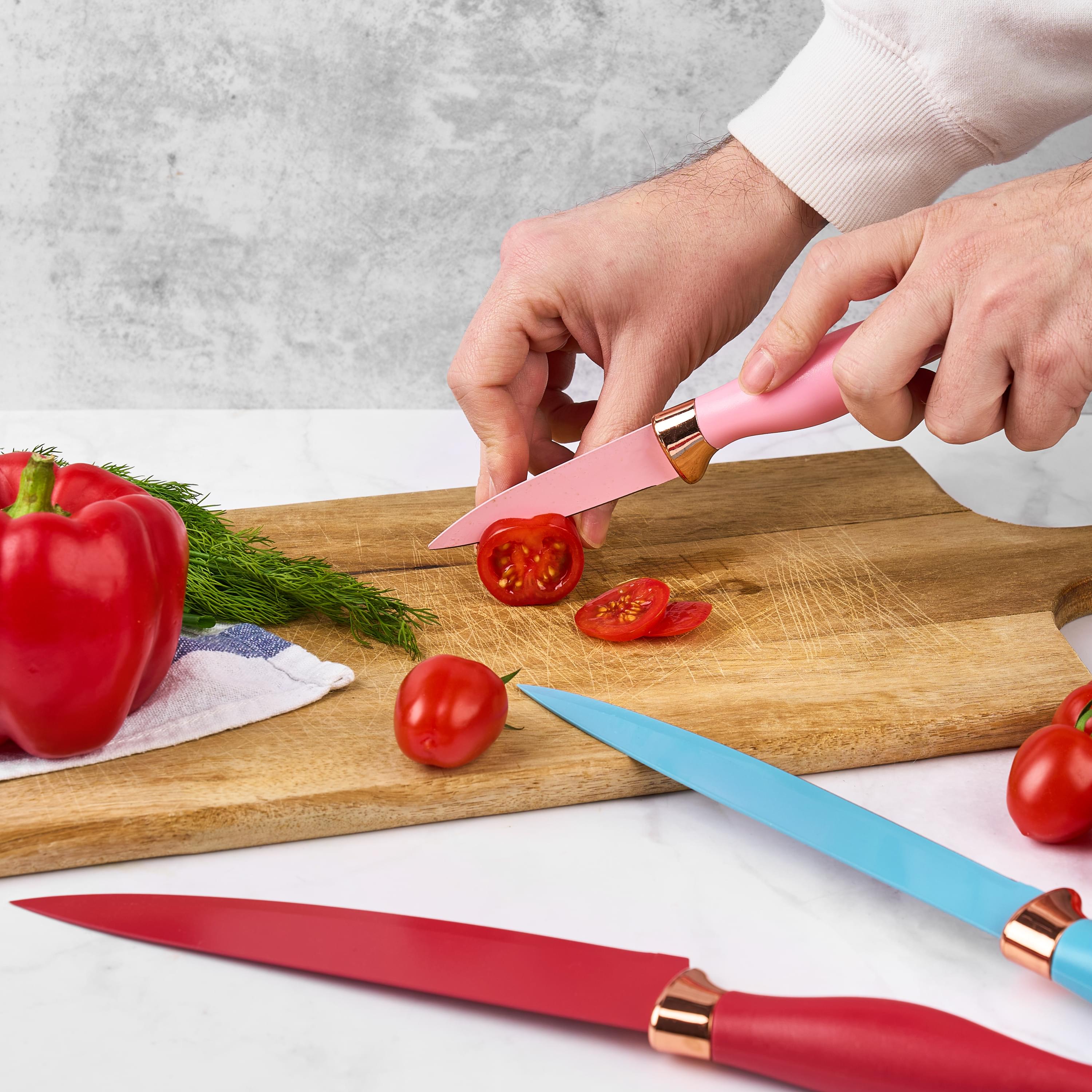 Set premium de cuțite onuvio, 6 piese - include cuțit de chef, cuțit de panificație, cuțit de feliere, cuțit universal, cuțit pentru legume și fructe și ustensilă pentru decojit, aliaj 3cr13 anticoroziv, strat colorat antiaderent