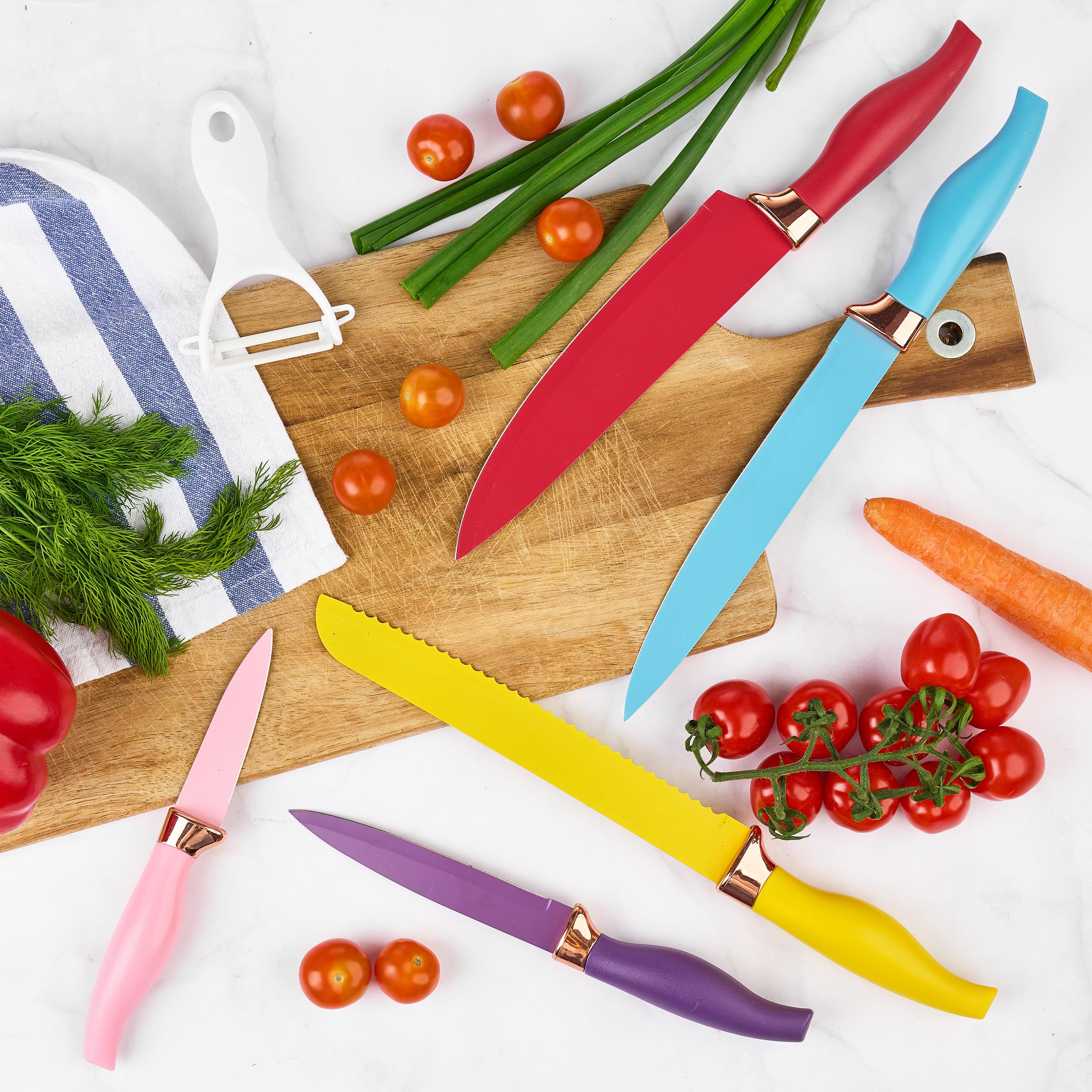 Set premium de cuțite onuvio, 6 piese - include cuțit de chef, cuțit de panificație, cuțit de feliere, cuțit universal, cuțit pentru legume și fructe și ustensilă pentru decojit, aliaj 3cr13 anticoroziv, strat colorat antiaderent