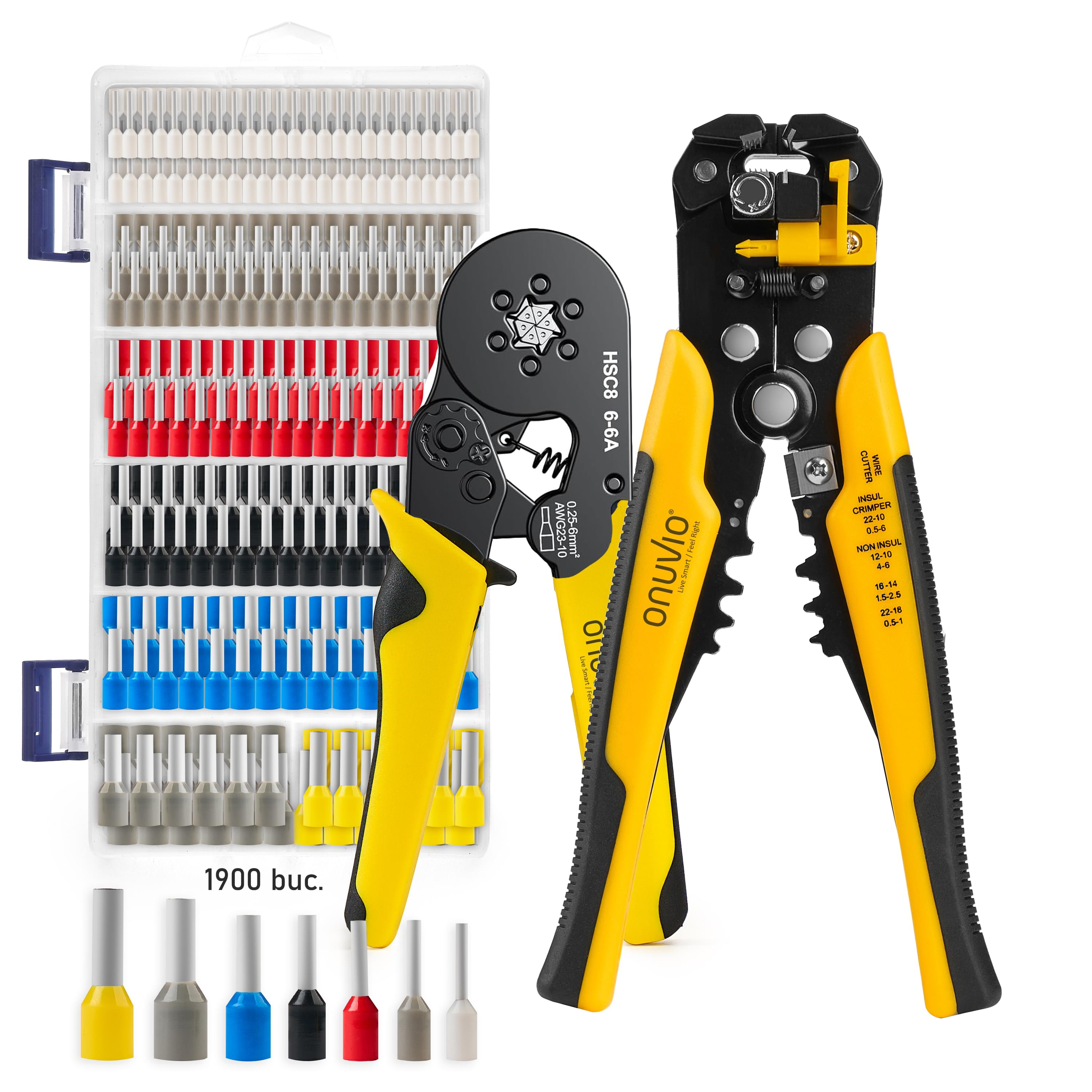 Trusa sertizare cabluri electrice onuvio™, ferule, cleste dezizolare automata,cleste sertizat cu 6 bacuri auto-reglabil cu revenire automata 0.25-6 mm si 1900 piese pini terminali