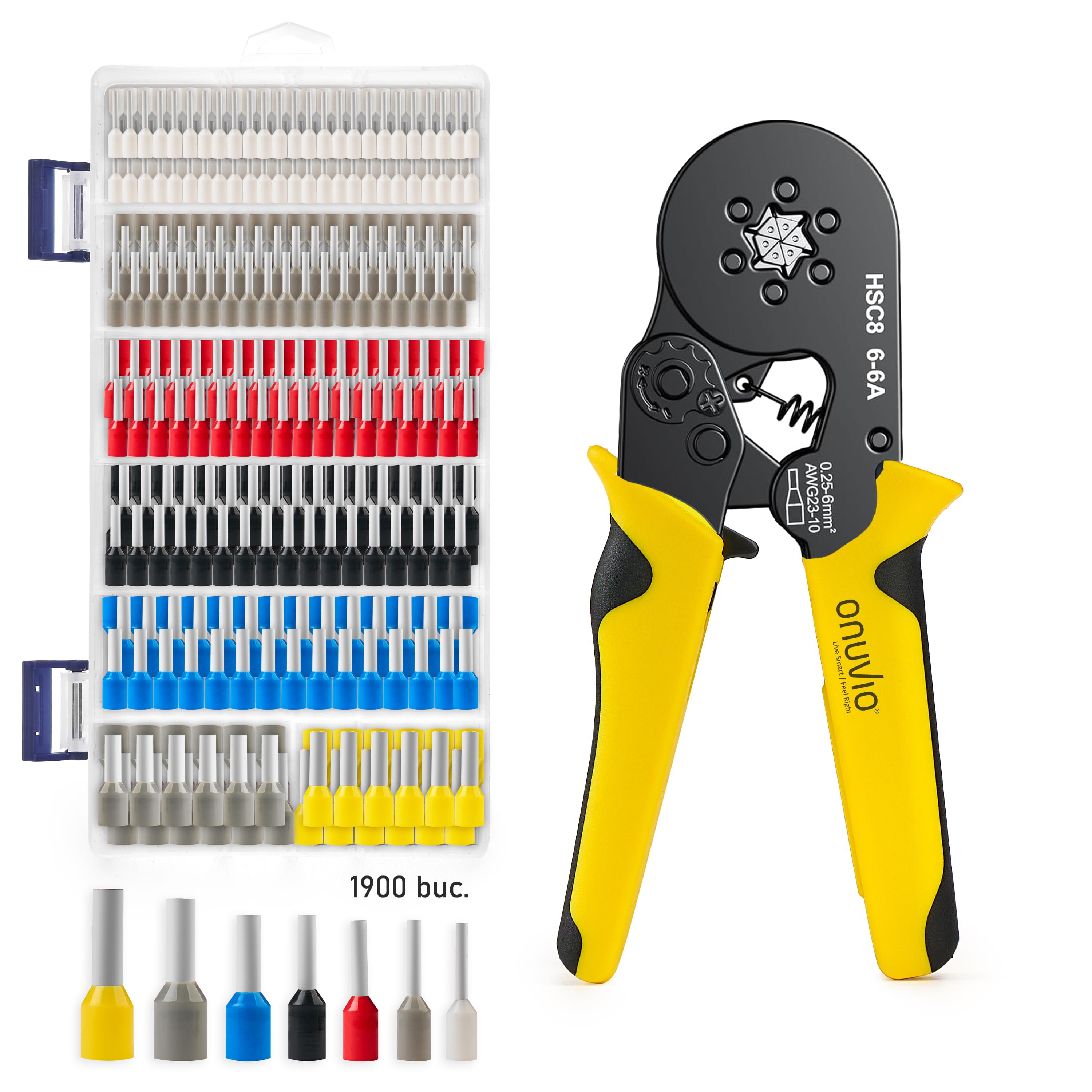 Trusa sertizare cabluri electrice onuvio™, ferule, cleste dezizolare automata,cleste sertizat cu 6 bacuri auto-reglabil cu revenire automata 0.25-6 mm si 1900 piese pini terminali