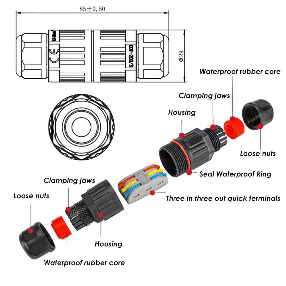 Set 2 conectori electrici tubulari ermetici pentru exterior – protecție umiditate  ip68, conexiune rapidă cu levier, 3 poli, cablu 4-10mm, onuvio®