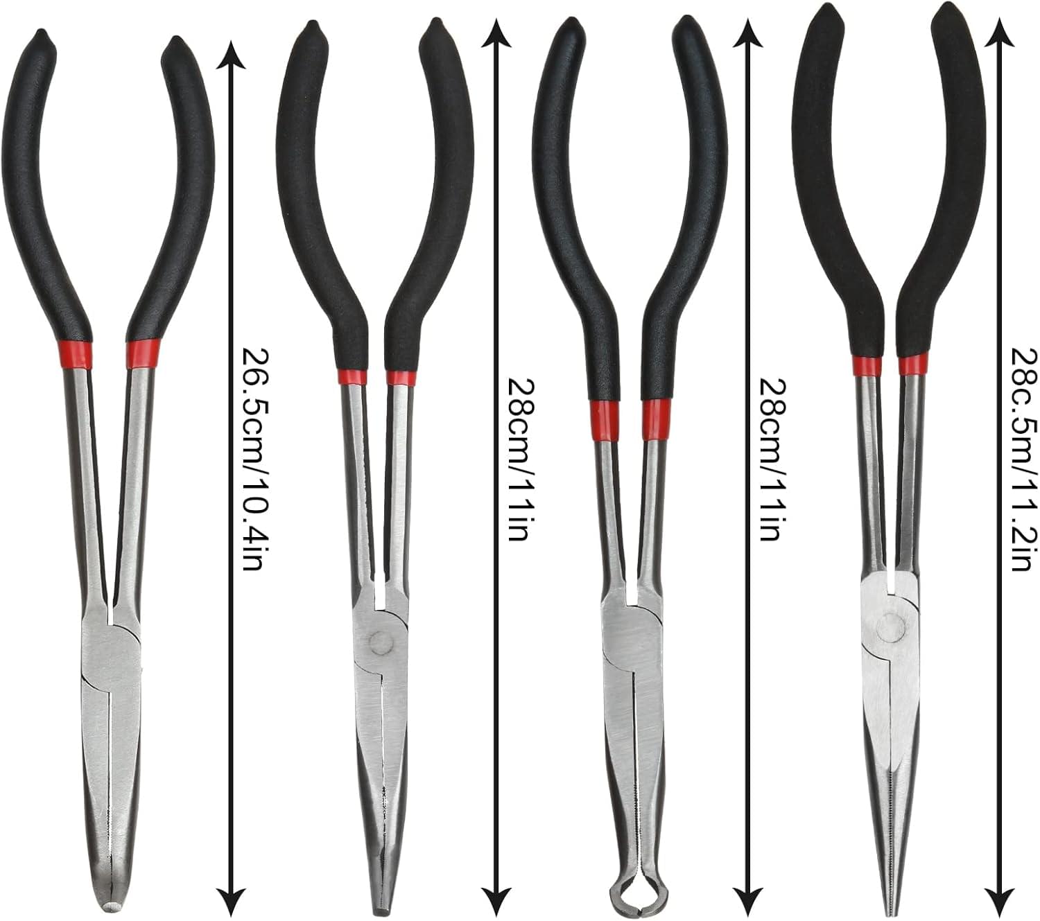 Set 4 clești profesionali lungi 28 cm – clește drept, clește vârf 90°, clește vârf 45°, clește tip o pentru furtun – trusă de scule auto, reparații, bricolaj si husatransport, onuvio®