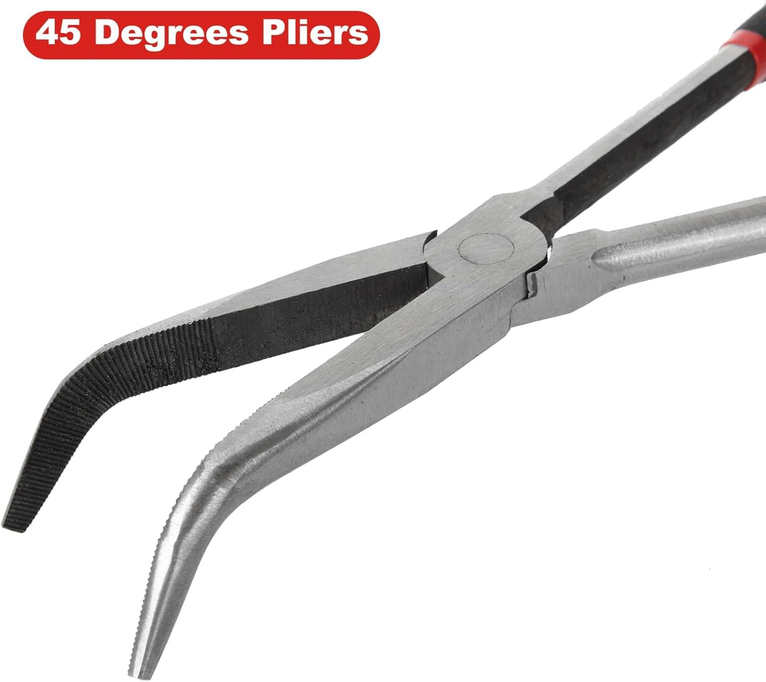 Set 4 clești profesionali lungi 28 cm – clește drept, clește vârf 90°, clește vârf 45°, clește tip o pentru furtun – trusă de scule auto, reparații, bricolaj si husatransport, onuvio®
